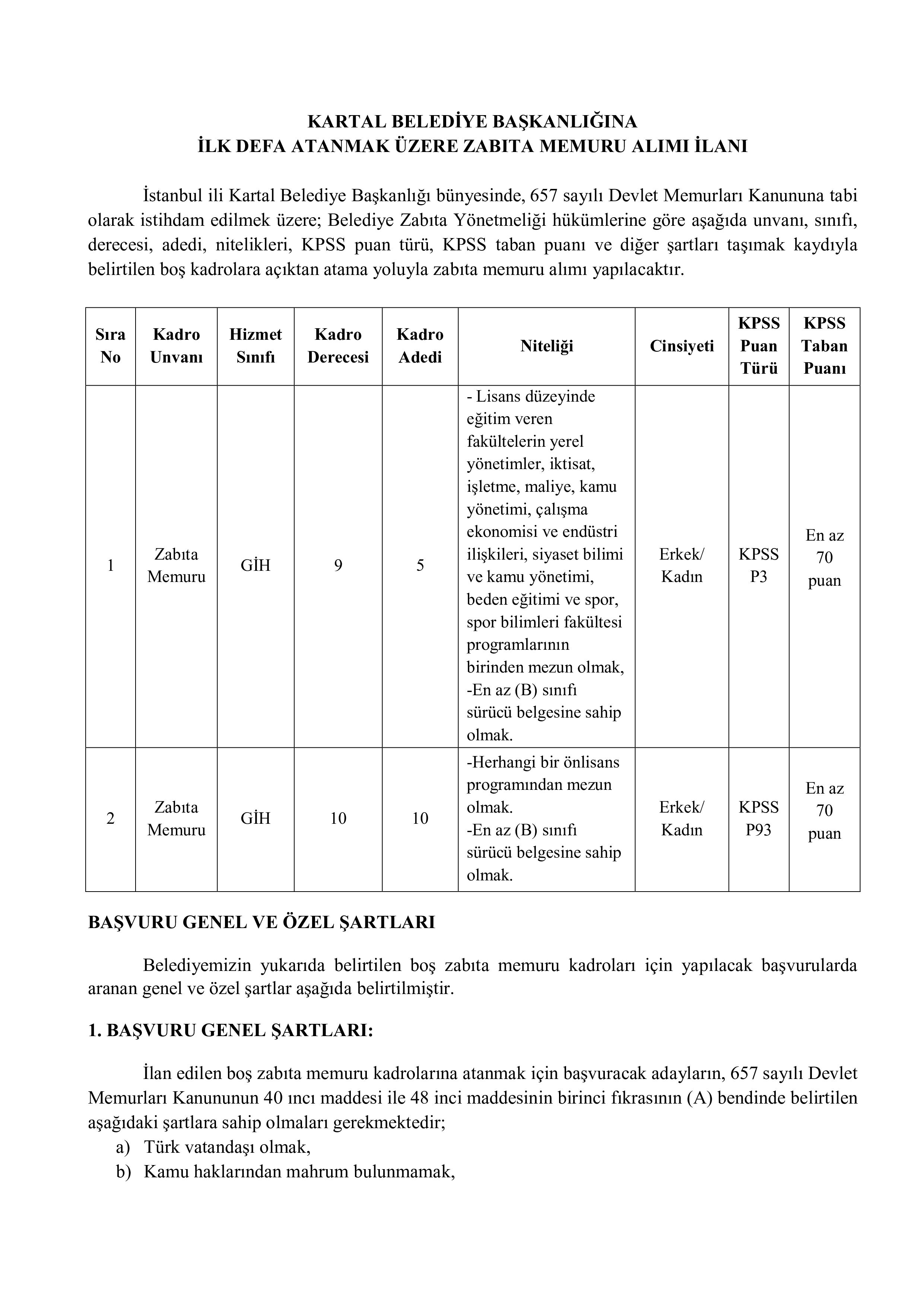 KARTAL BELEDİYE BAŞKANLIĞI 15 ZABITA MEMURU ALACAK ( 9 Şubat - 13 Şubat) İlan İçeriği Sayfa 1