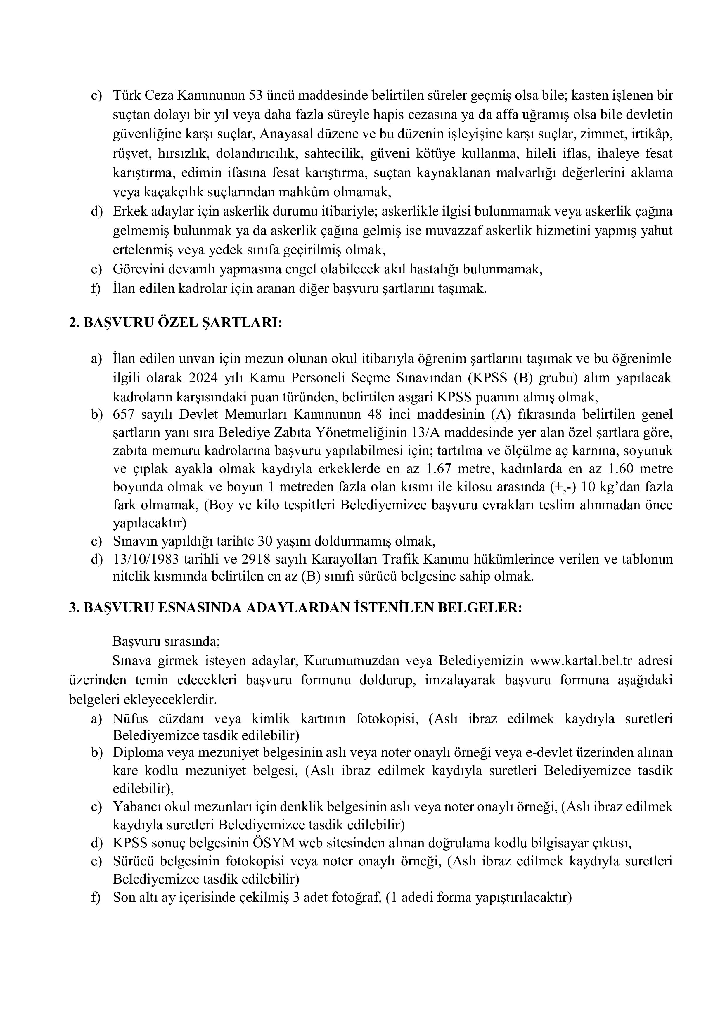 KARTAL BELEDİYE BAŞKANLIĞI 15 ZABITA MEMURU ALACAK ( 9 Şubat - 13 Şubat) İlan İçeriği Sayfa 2