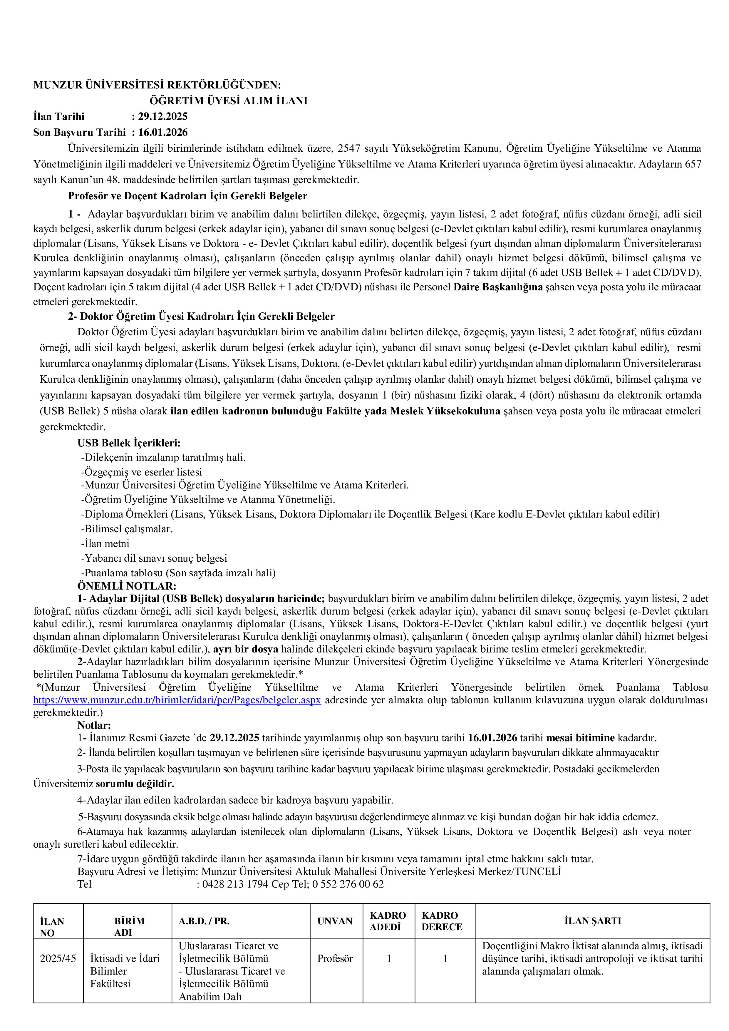 MUNZUR ÜNİVERSİTESİ 29  AKADEMİK PERSONEL ALACAK ( 29 Aralık - 16 Ocak) İlan İçeriği Sayfa 1