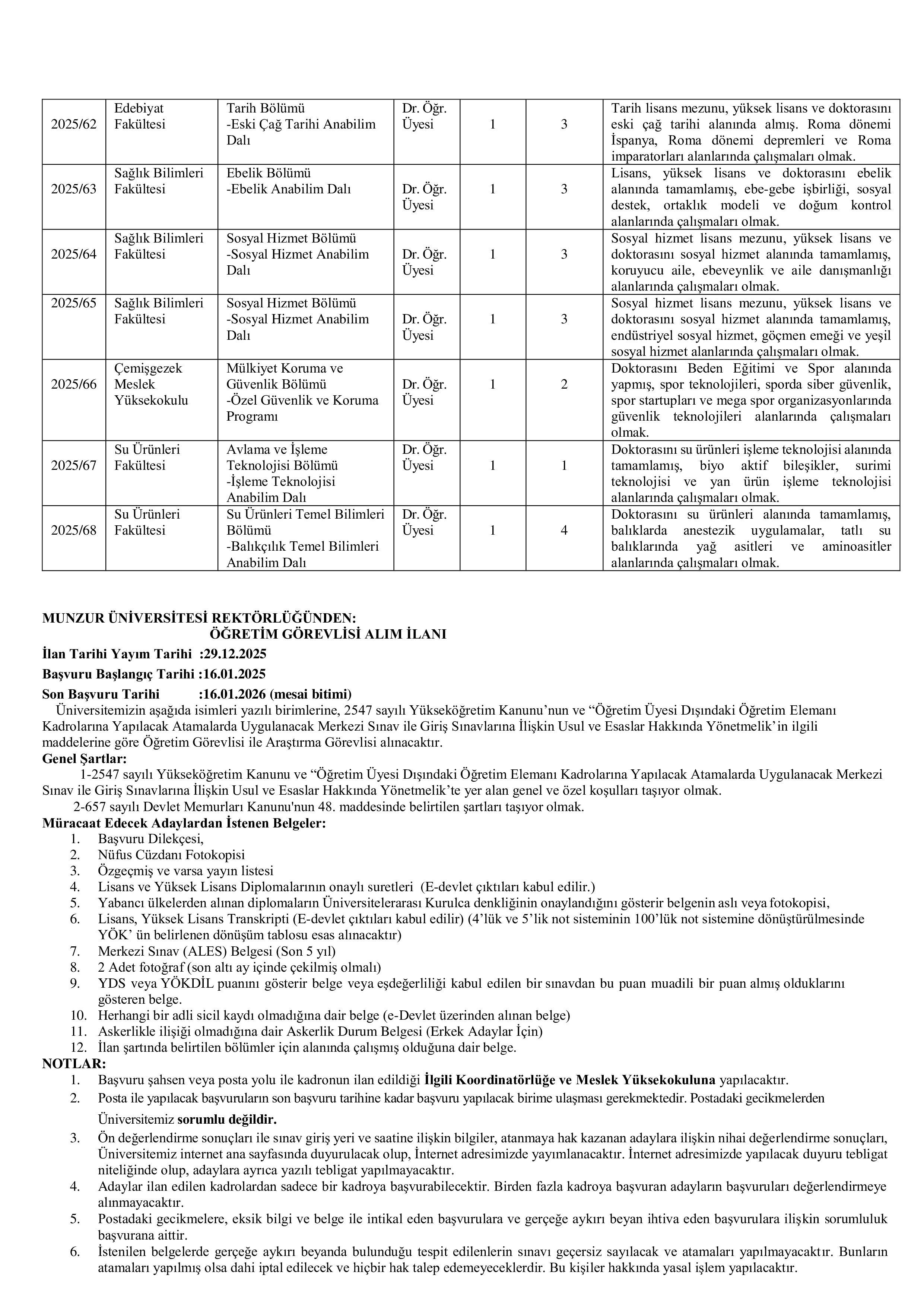 MUNZUR ÜNİVERSİTESİ 29  AKADEMİK PERSONEL ALACAK ( 29 Aralık - 16 Ocak) İlan İçeriği Sayfa 3