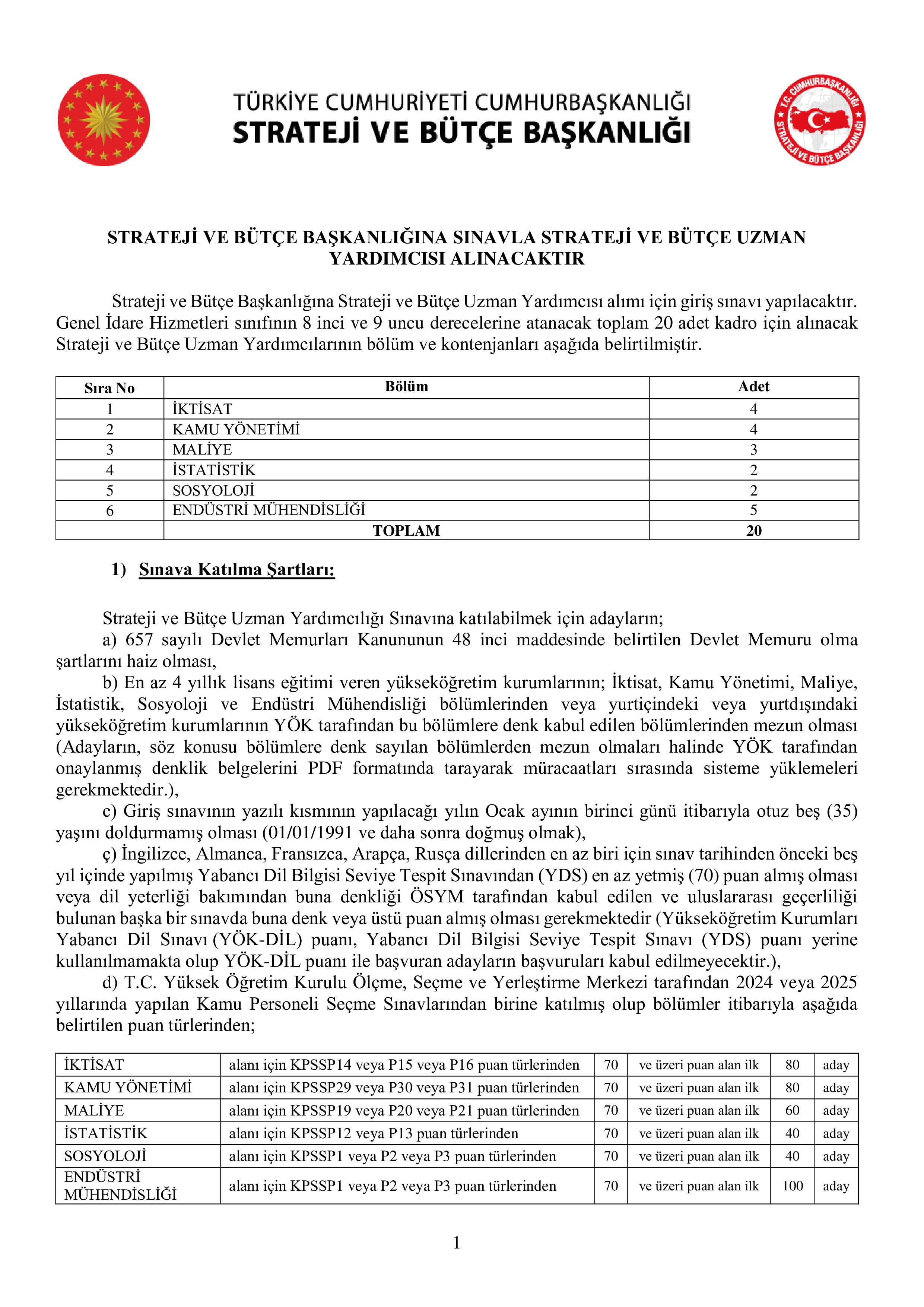STRATEJİ VE BÜTÇE BAŞKANLIĞI 20 STRATEJİ VE BÜTÇE UZMAN YARDIMCISI ALACAK ( 29 Aralık - 12 Ocak) İlan İçeriği Sayfa 1