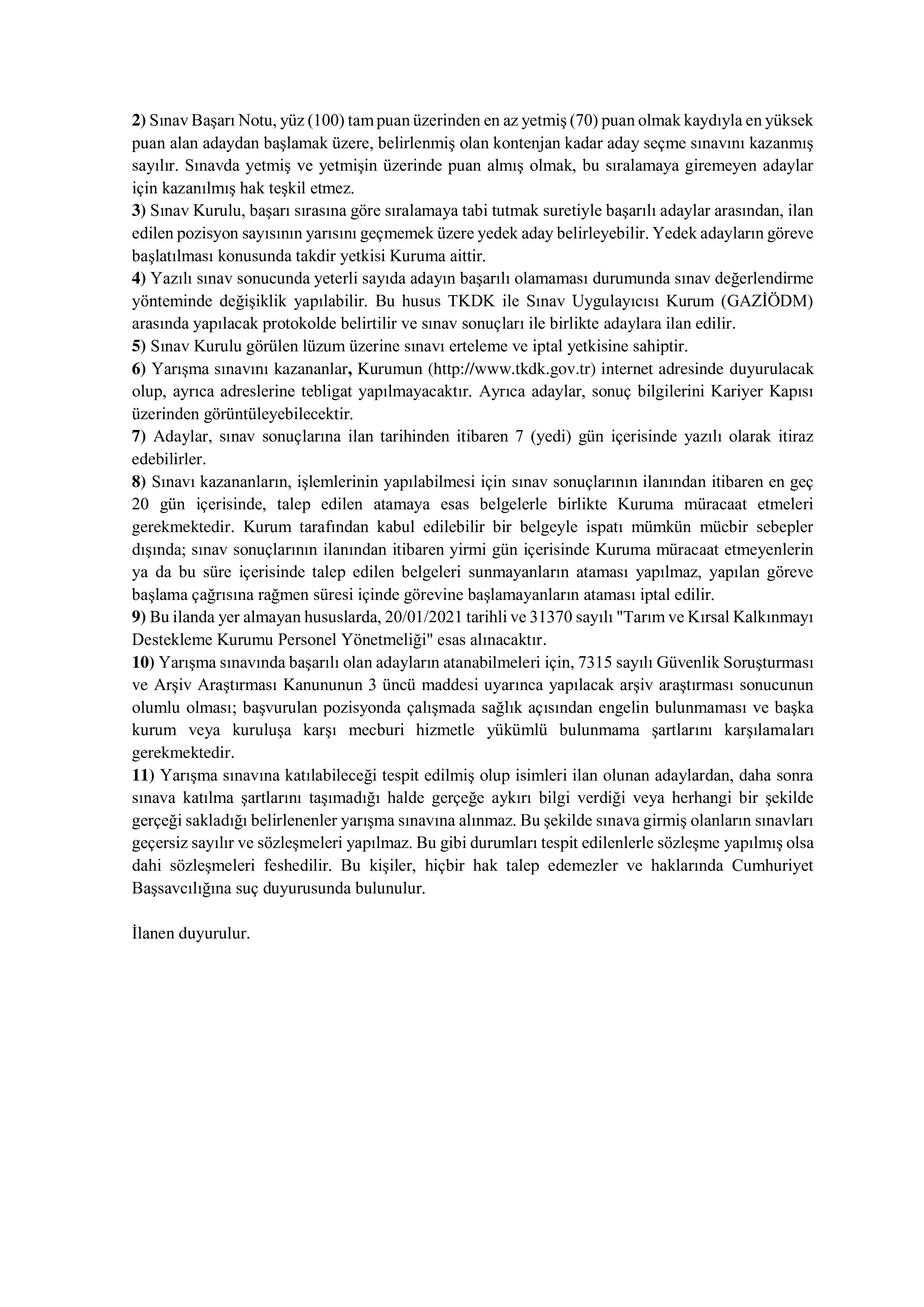 TARIM VE KIRSAL KALKINMAYI DESTEKLEME KURUMU BAŞKANLIĞI 42 SÖZLEŞMELİ PERSONEL ALACAK ( 31 Aralık - 9 Ocak) İlan İçeriği Sayfa 5