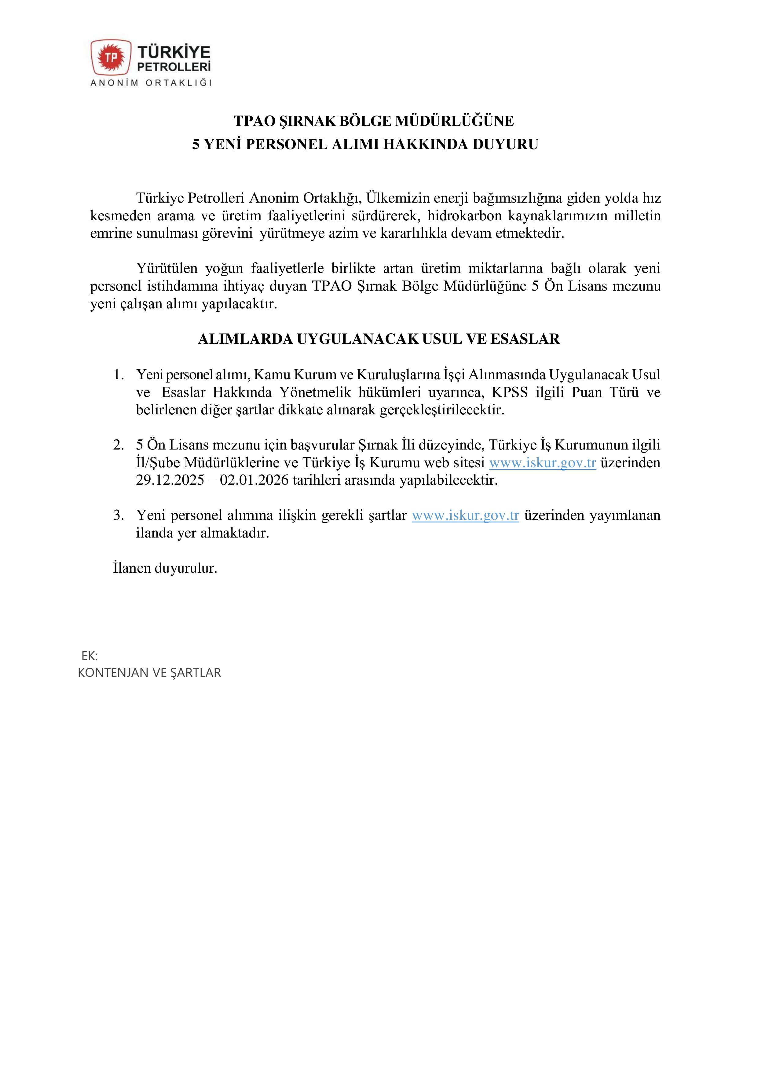 TÜRKİYE PETROLLERİ ANONİM ORTAKLIĞI 22 LİSANS MEZUNU PERSONEL ALIMI ( 29 Aralık - 2 Ocak) İlan İçeriği Sayfa 1