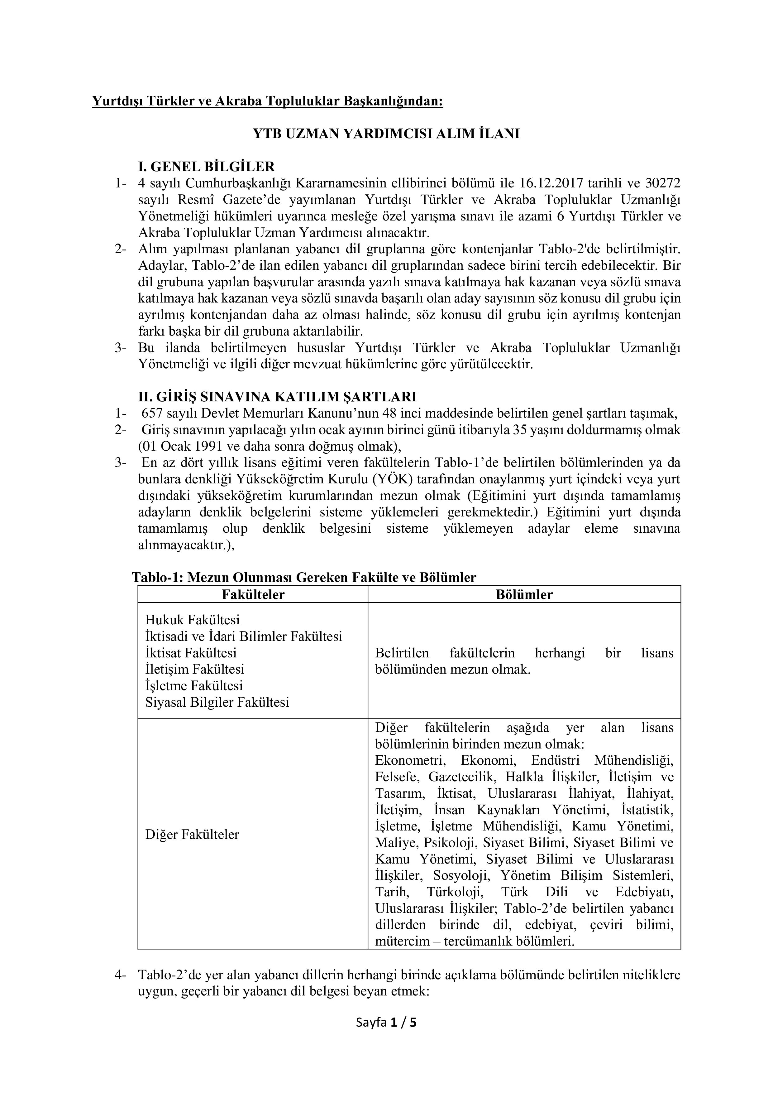 İlan İçeriği Sayfa 1 YURTDIŞI TÜRKLER VE AKRABA TOPLULUKLAR BAŞKANLIĞI 6 YURTDIŞI TÜRKLER VE AKRABA TOPLULUKLAR UZMAN YARDIMCISI ALACAK ( 29 Aralık - 30 Ocak) İlan İçeriği Sayfa 1