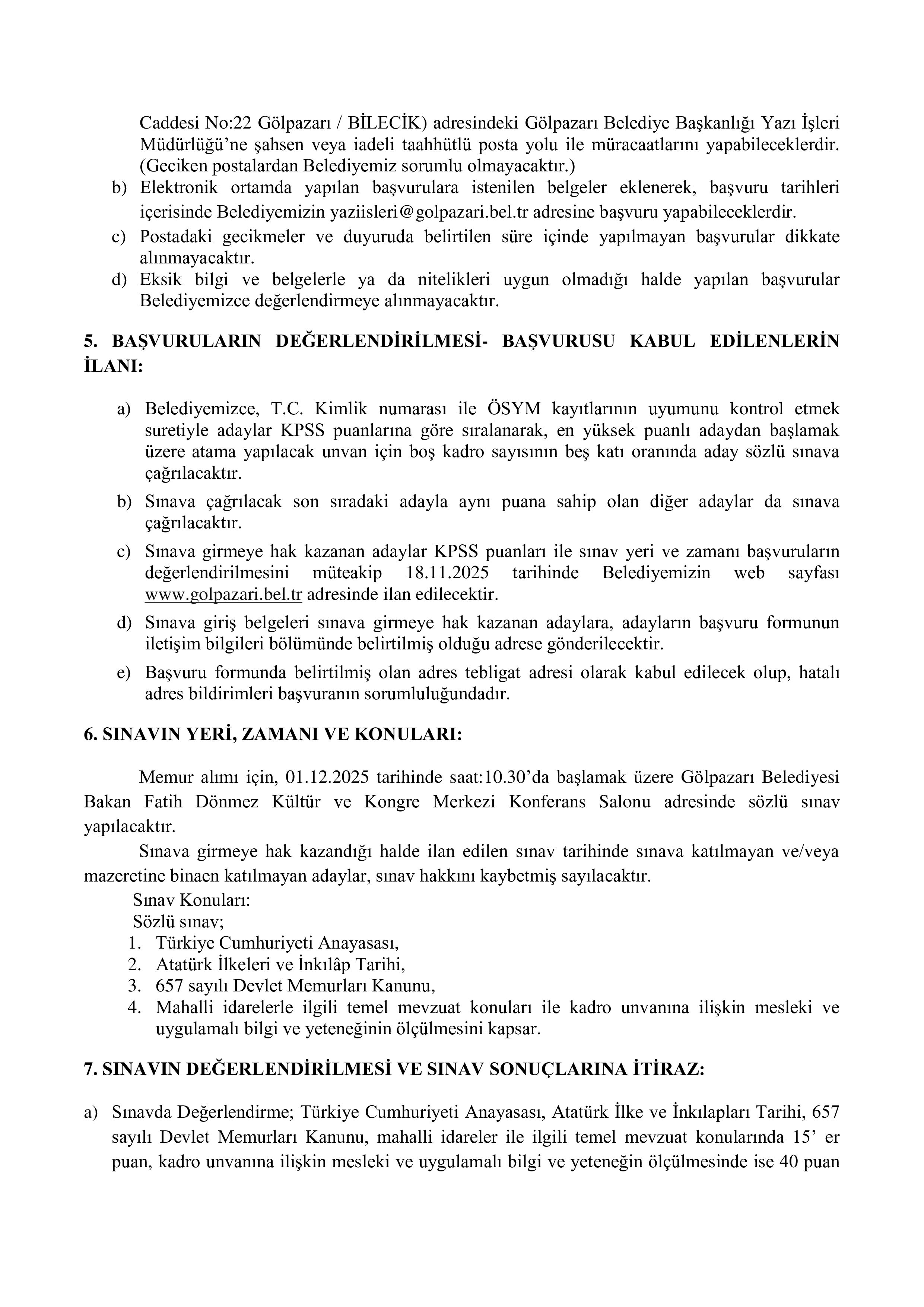 GÖLPAZARI BELEDİYE BAŞKANLIĞI İLK DEFA ATANMAK ÜZERE MEMUR ALIMI İLANI ( 11 Kasım - 14 Kasım) İlan İçeriği Sayfa 3