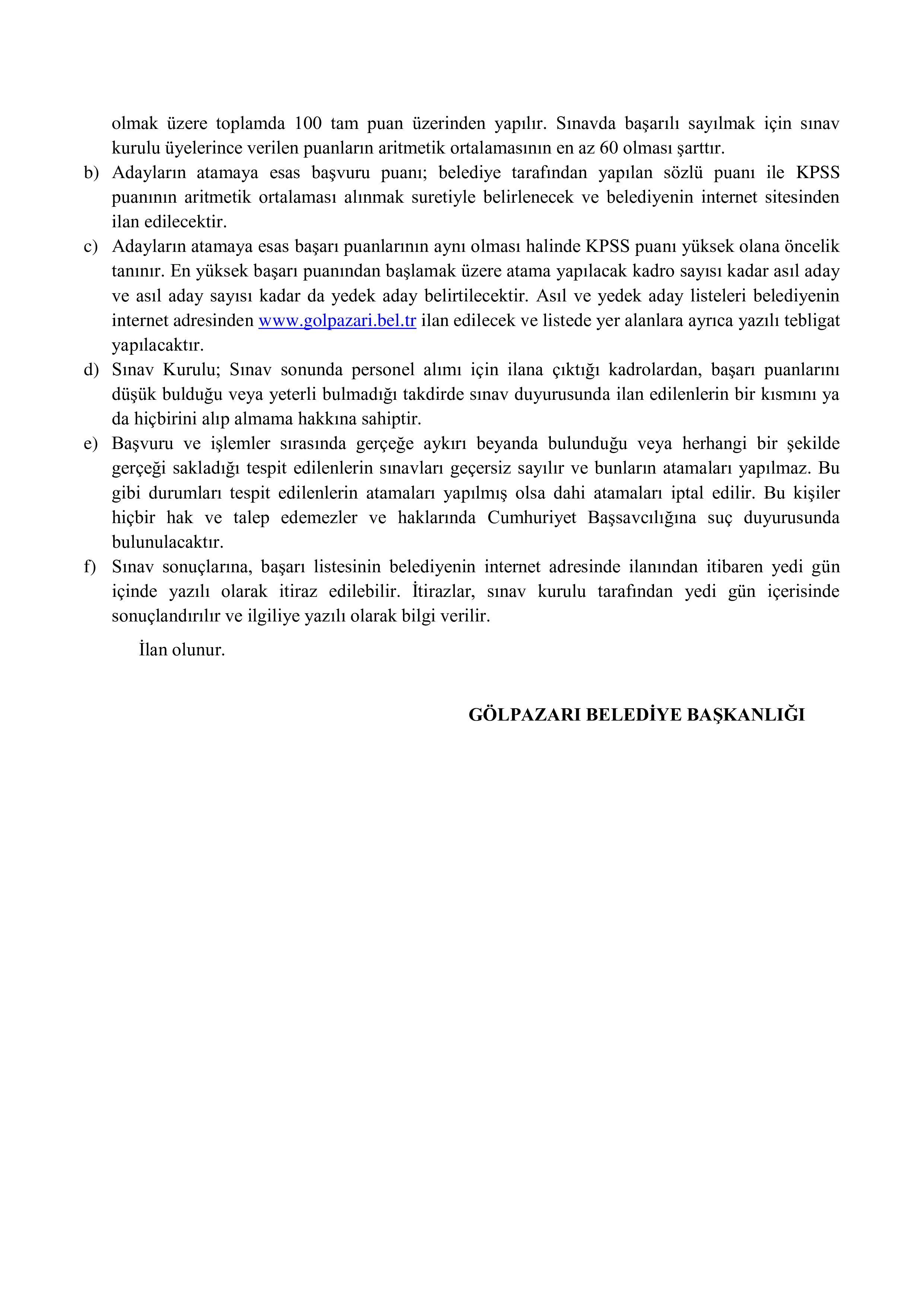 GÖLPAZARI BELEDİYE BAŞKANLIĞI İLK DEFA ATANMAK ÜZERE MEMUR ALIMI İLANI ( 11 Kasım - 14 Kasım) İlan İçeriği Sayfa 4