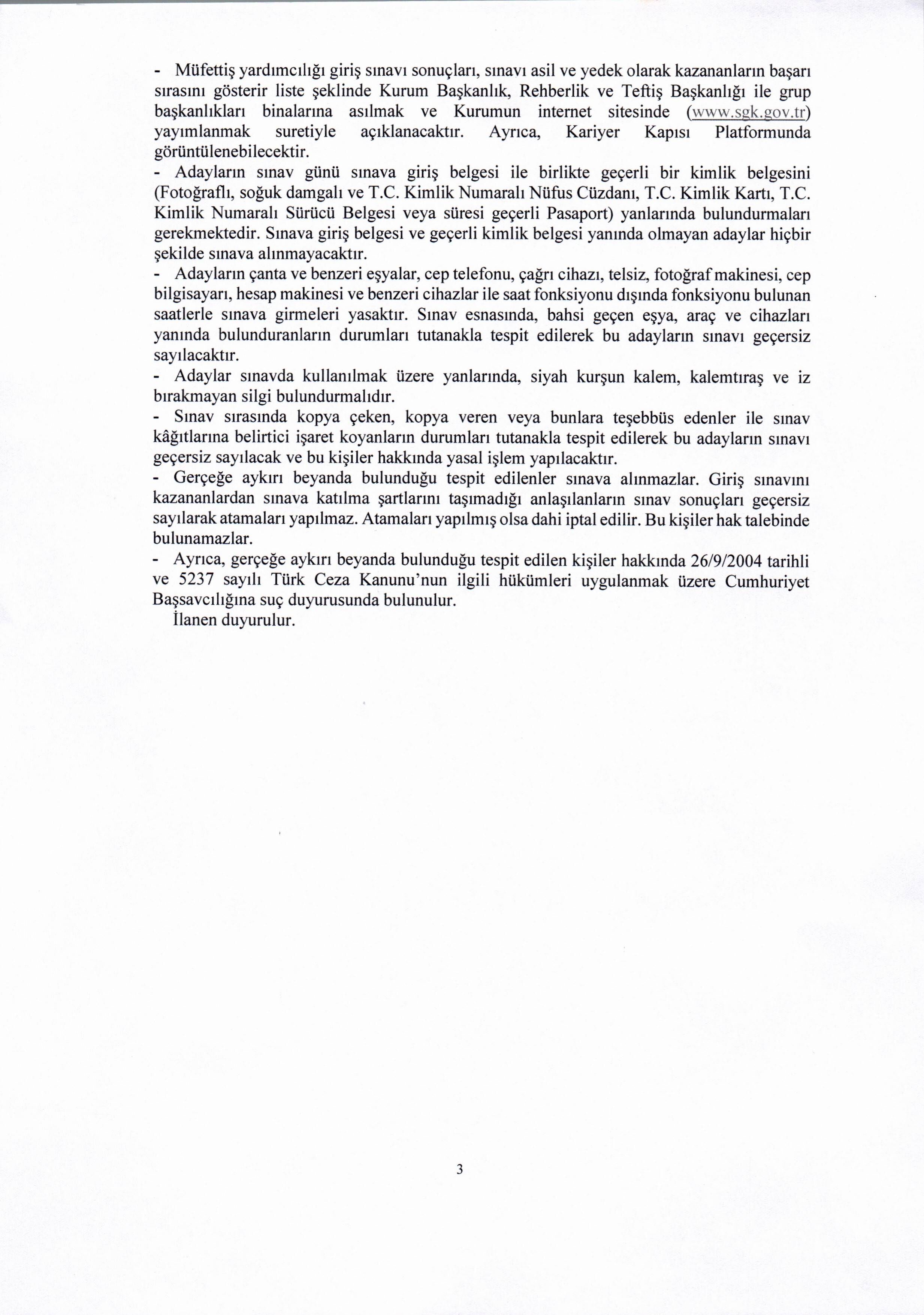 SOSYAL GÜVENLİK KURUMU BAŞKANLIĞI 35 MÜFETTİŞ YARDIMCISI ALACAK ( 20 Ekim - 31 Ekim) İlan İçeriği Sayfa 3