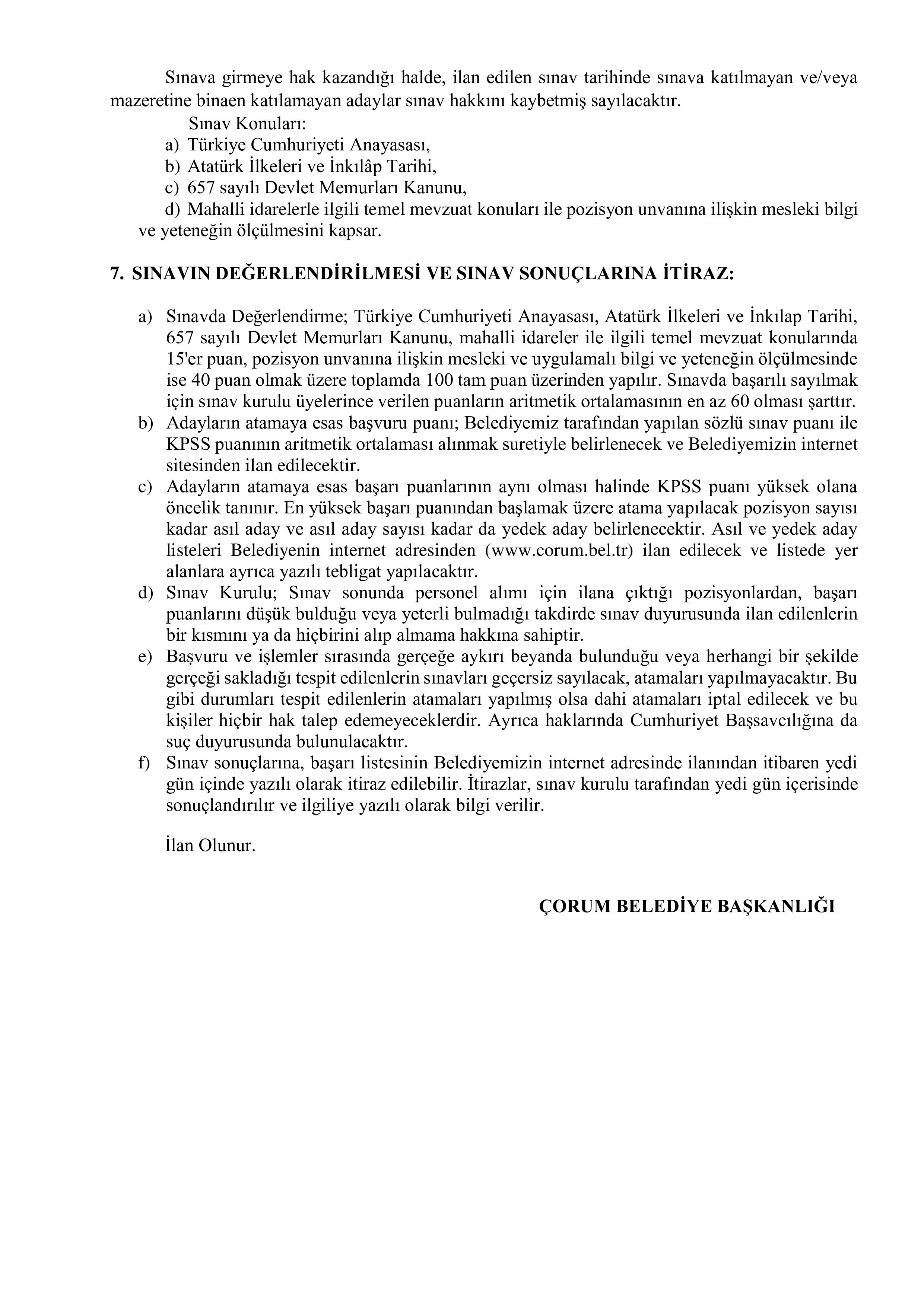 ÇORUM BELEDİYE BAŞKANLIĞI 1 SÖZLEŞMELİ PERSONEL ALACAK(ŞEHİR PLANCISI) ( 24 Ağustos - 28 Ağustos) İlan İçeriği Sayfa 3