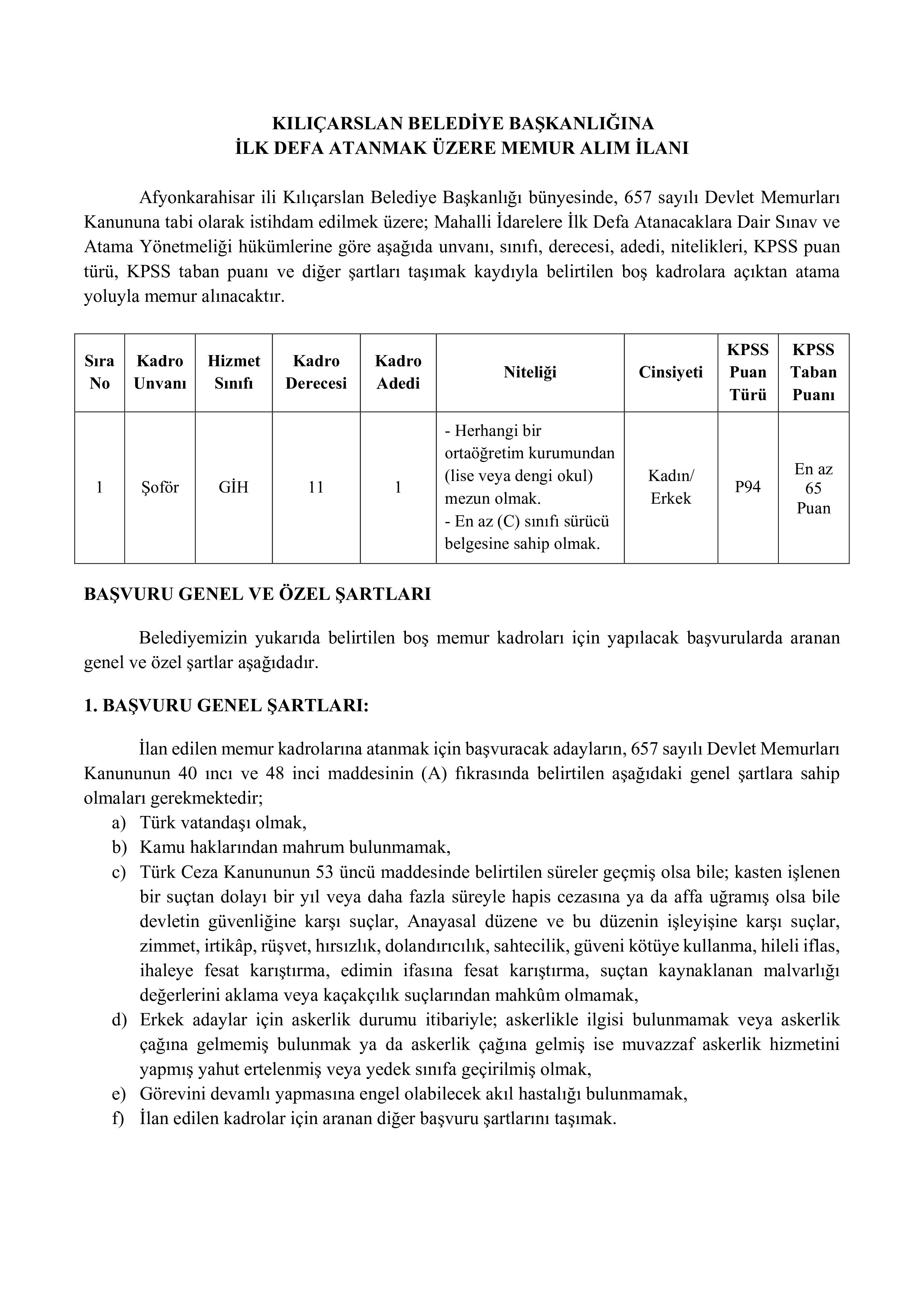 KILIÇARSLAN BELEDİYE BAŞKANLIĞI 1 MEMUR ALACAK ( 3 Ağustos - 5 Ağustos) İlan İçeriği Sayfa 1