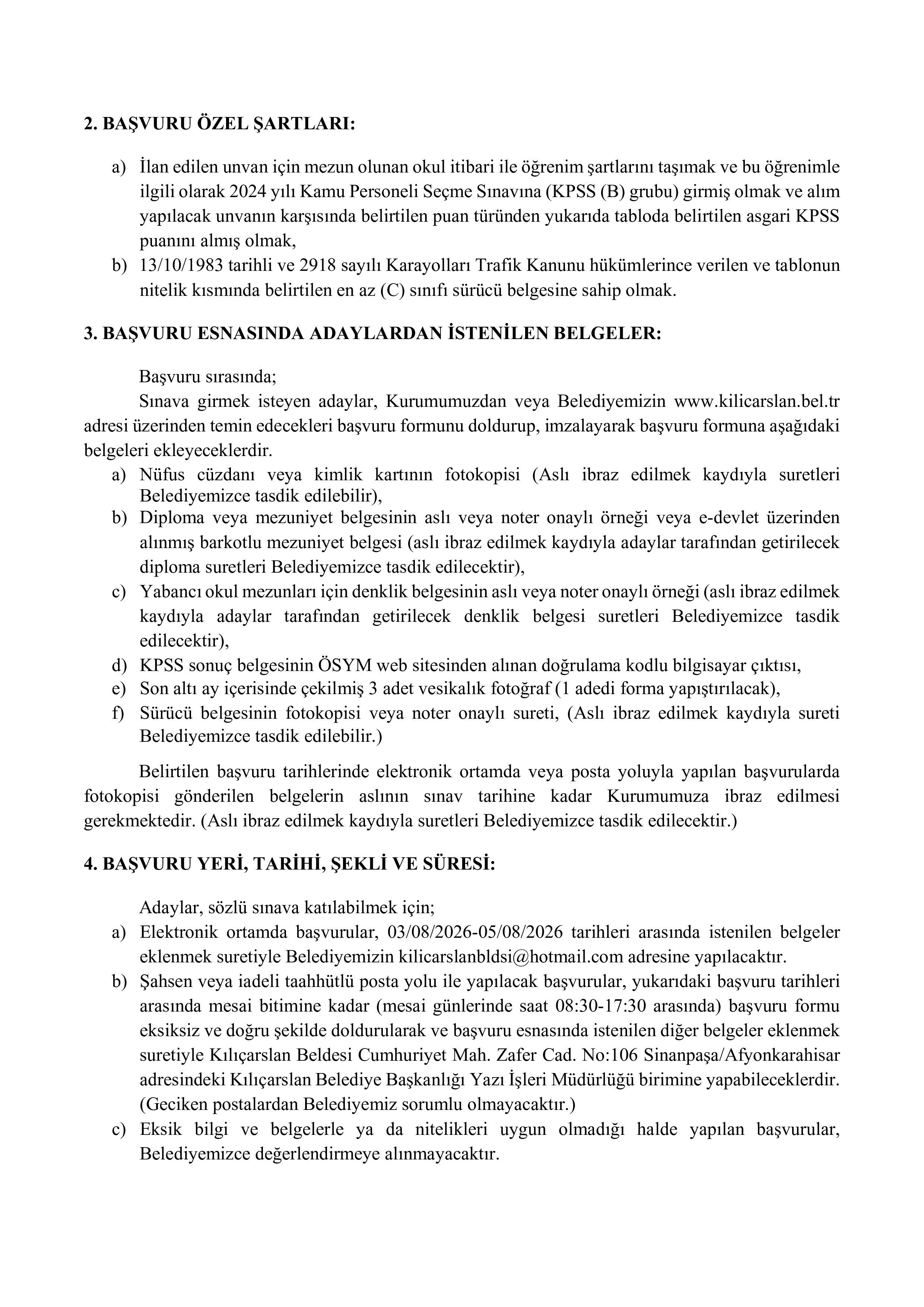 KILIÇARSLAN BELEDİYE BAŞKANLIĞI 1 MEMUR ALACAK ( 3 Ağustos - 5 Ağustos) İlan İçeriği Sayfa 2
