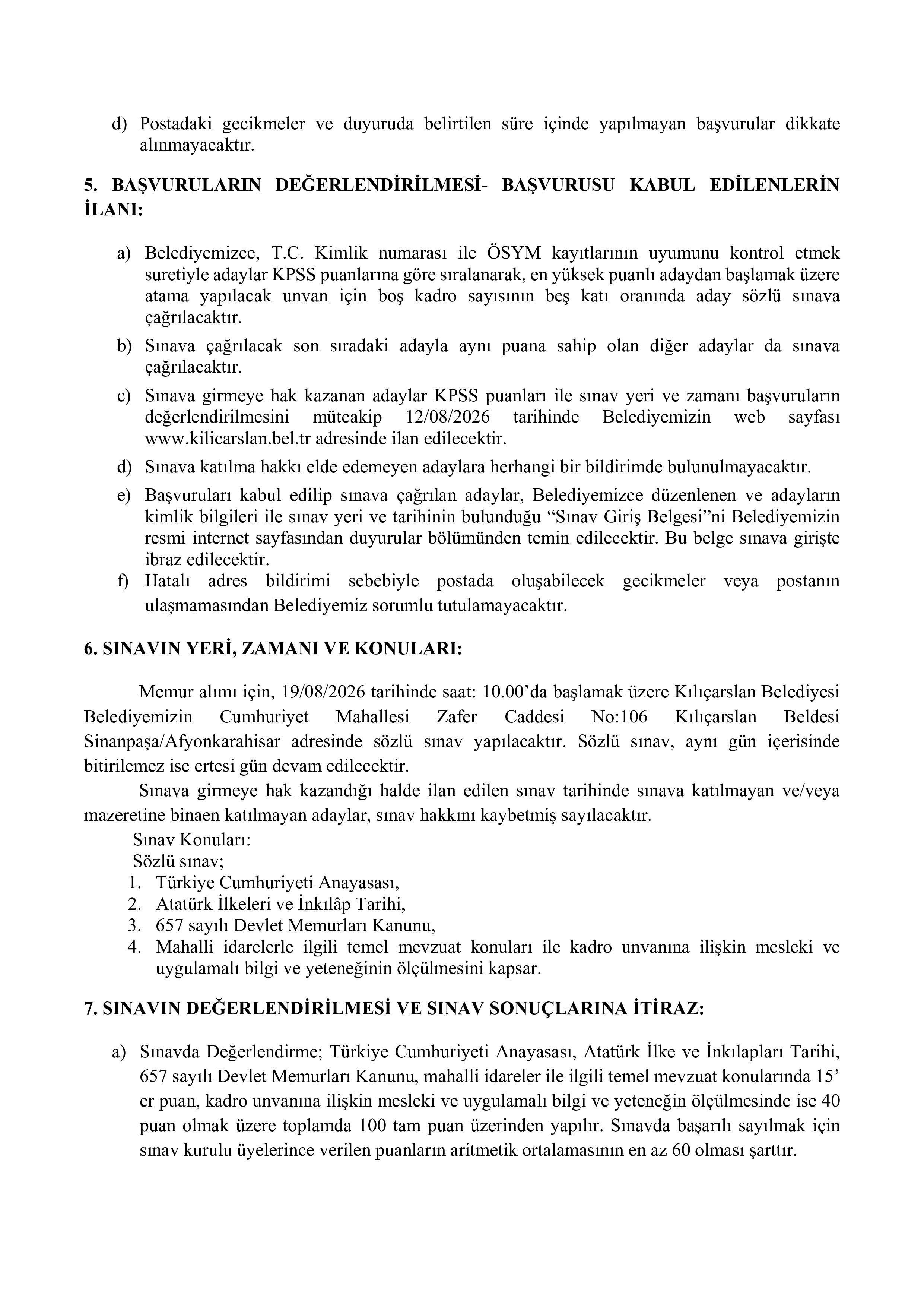 KILIÇARSLAN BELEDİYE BAŞKANLIĞI 1 MEMUR ALACAK ( 3 Ağustos - 5 Ağustos) İlan İçeriği Sayfa 3