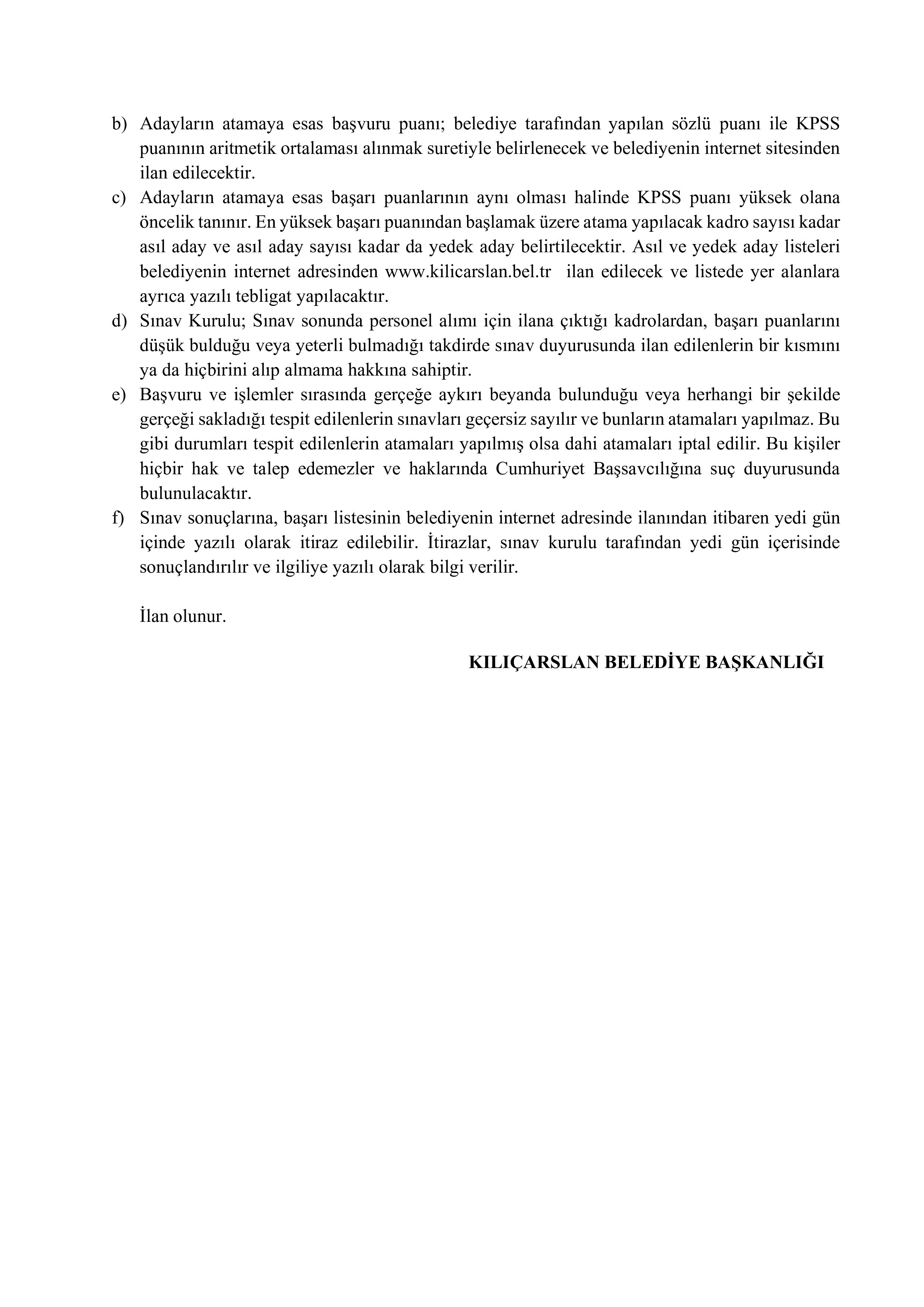 KILIÇARSLAN BELEDİYE BAŞKANLIĞI 1 MEMUR ALACAK ( 3 Ağustos - 5 Ağustos) İlan İçeriği Sayfa 4