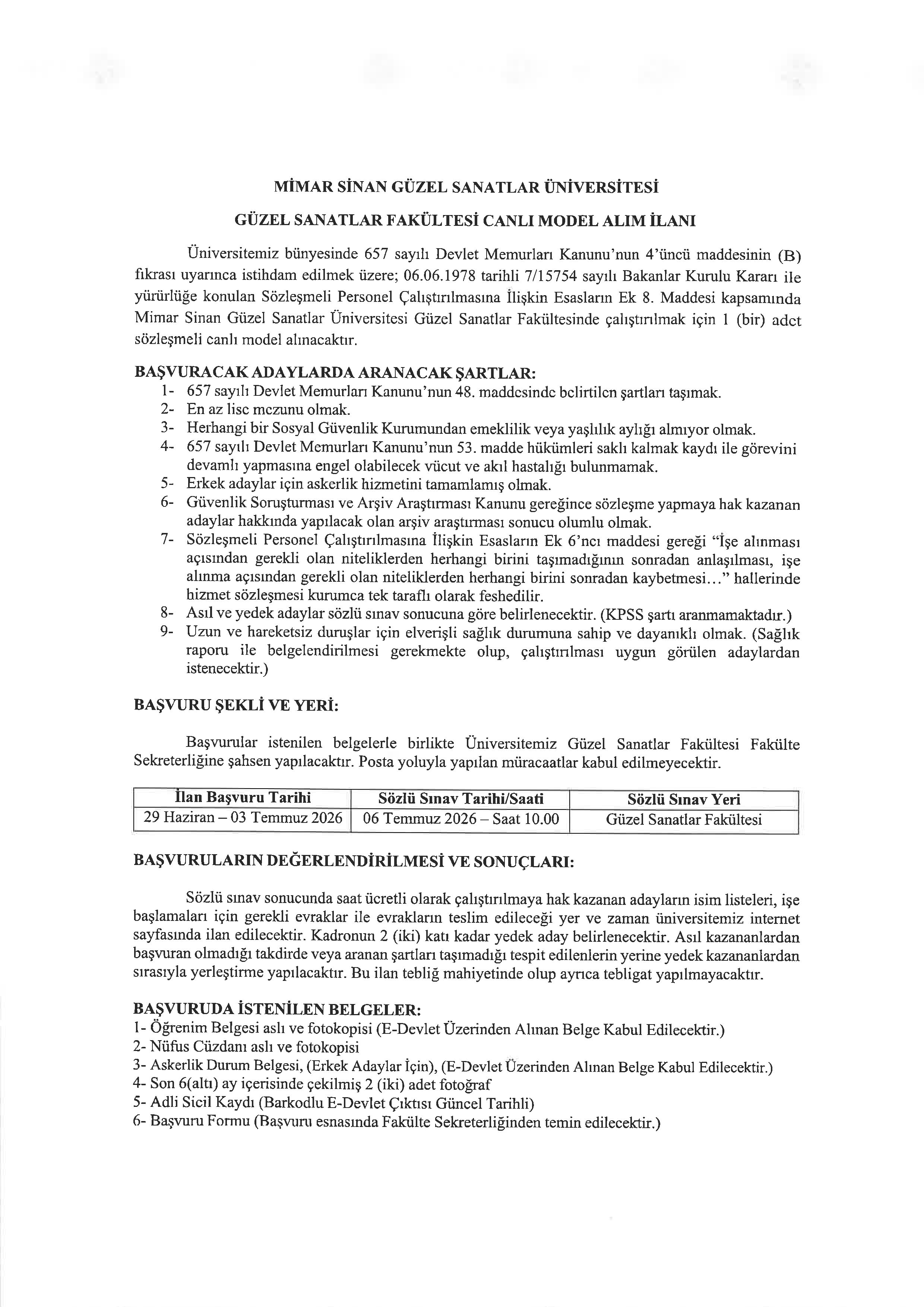 MİMAR SİNAN GÜZEL SANATLAR ÜNİVERSİTESİ 1 SÖZLEŞMELİ PERSONEL ALACAK ( 29 Haziran - 3 Temmuz) İlan İçeriği Sayfa 1