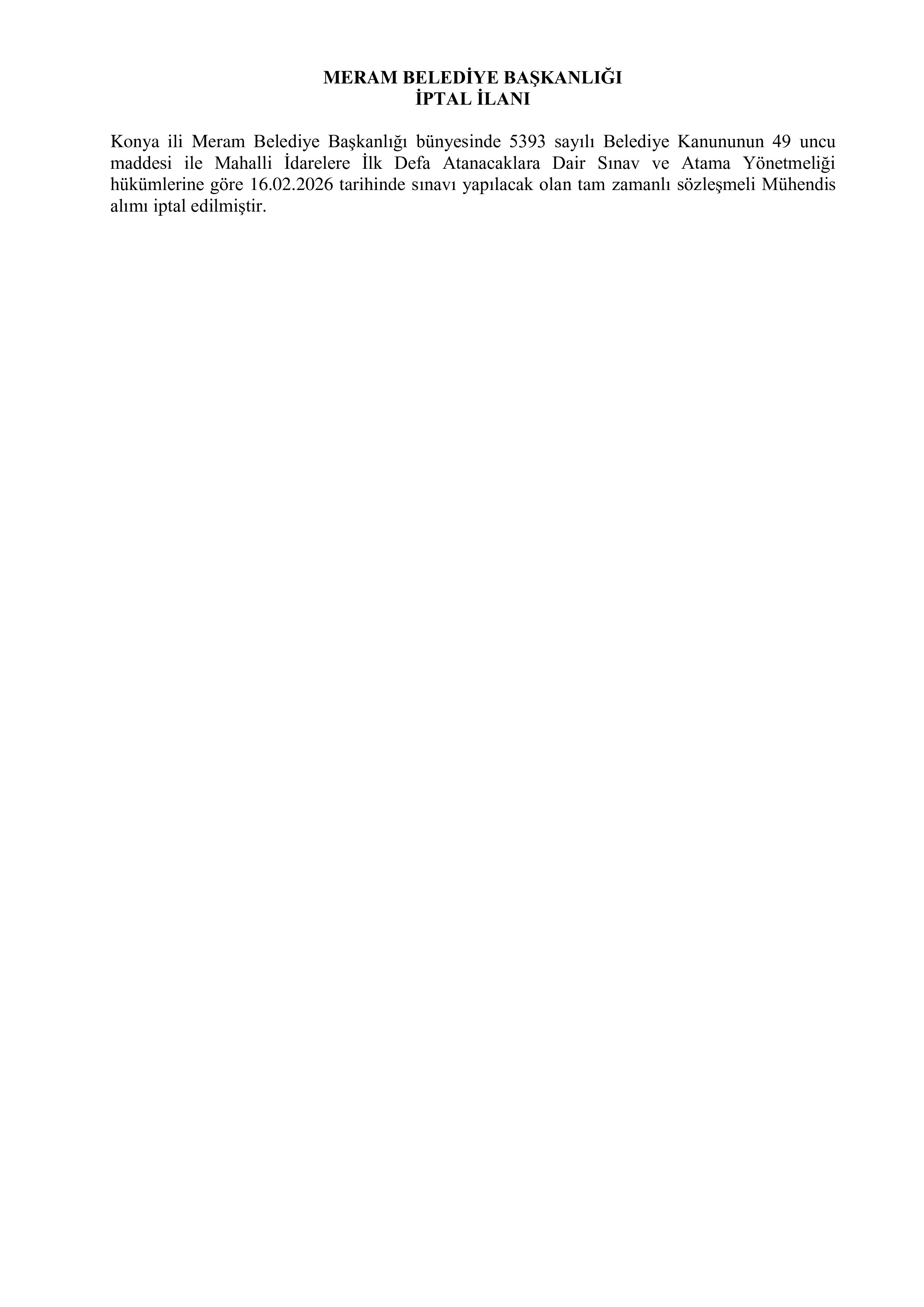 MERAM BELEDİYE BAŞKANLIĞI İPTAL İLANI ( 29 Ocak - 6 Şubat) İlan İçeriği Sayfa 1