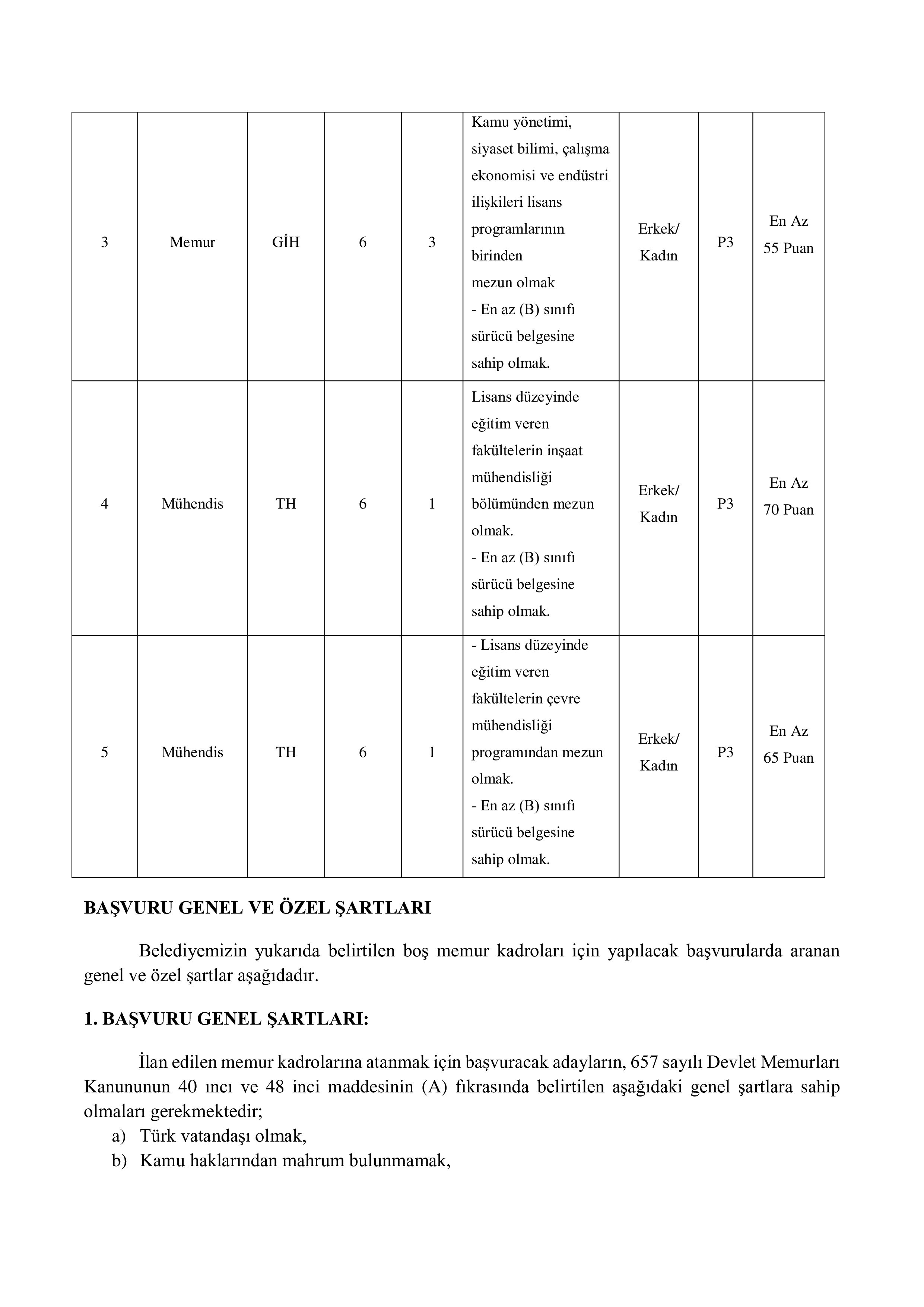DEVREK BELEDİYE BAŞKANLIĞI 7 MEMUR ALACAK ( 14 Ocak - 16 Ocak) İlan İçeriği Sayfa 2
