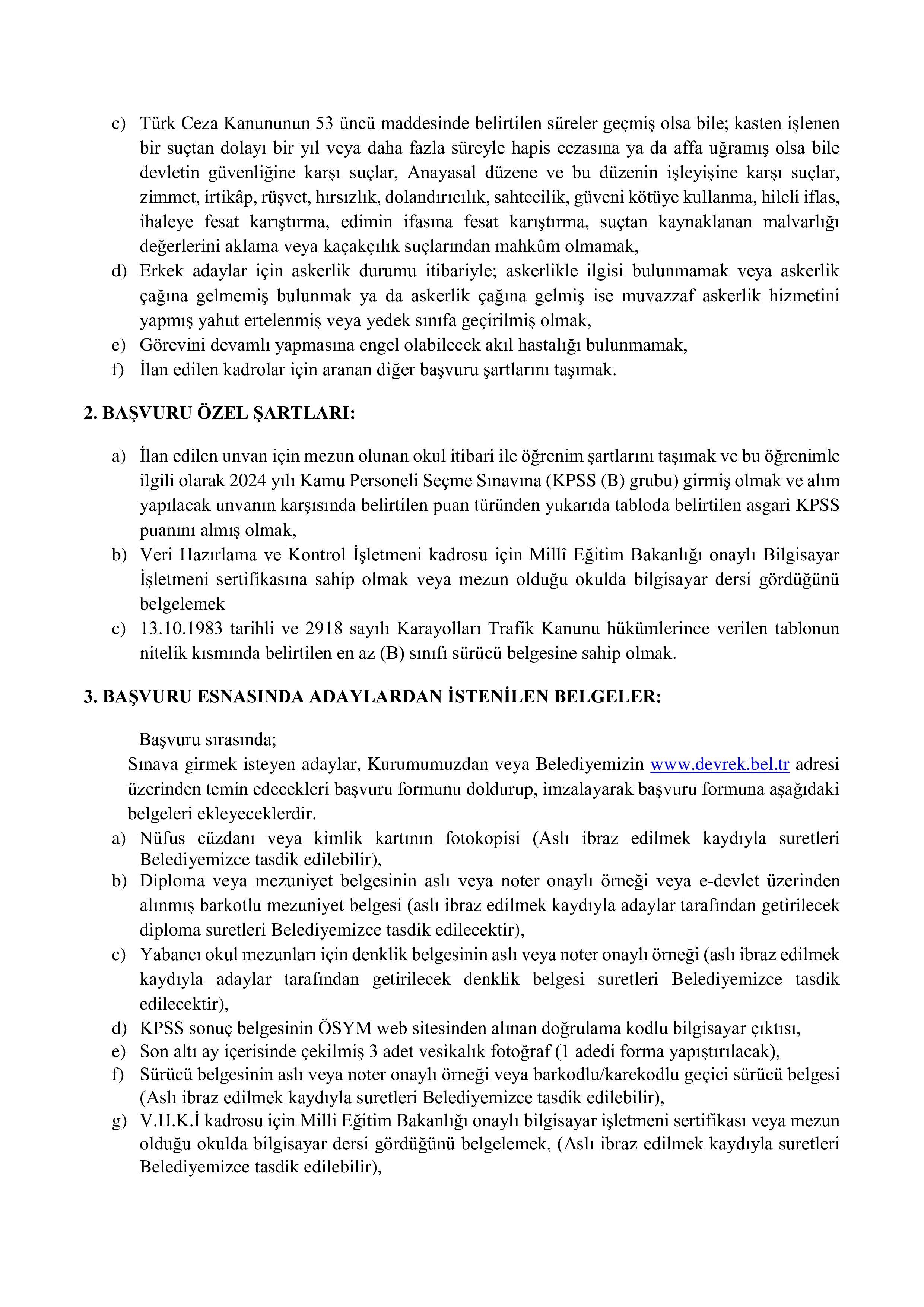 DEVREK BELEDİYE BAŞKANLIĞI 7 MEMUR ALACAK ( 14 Ocak - 16 Ocak) İlan İçeriği Sayfa 3