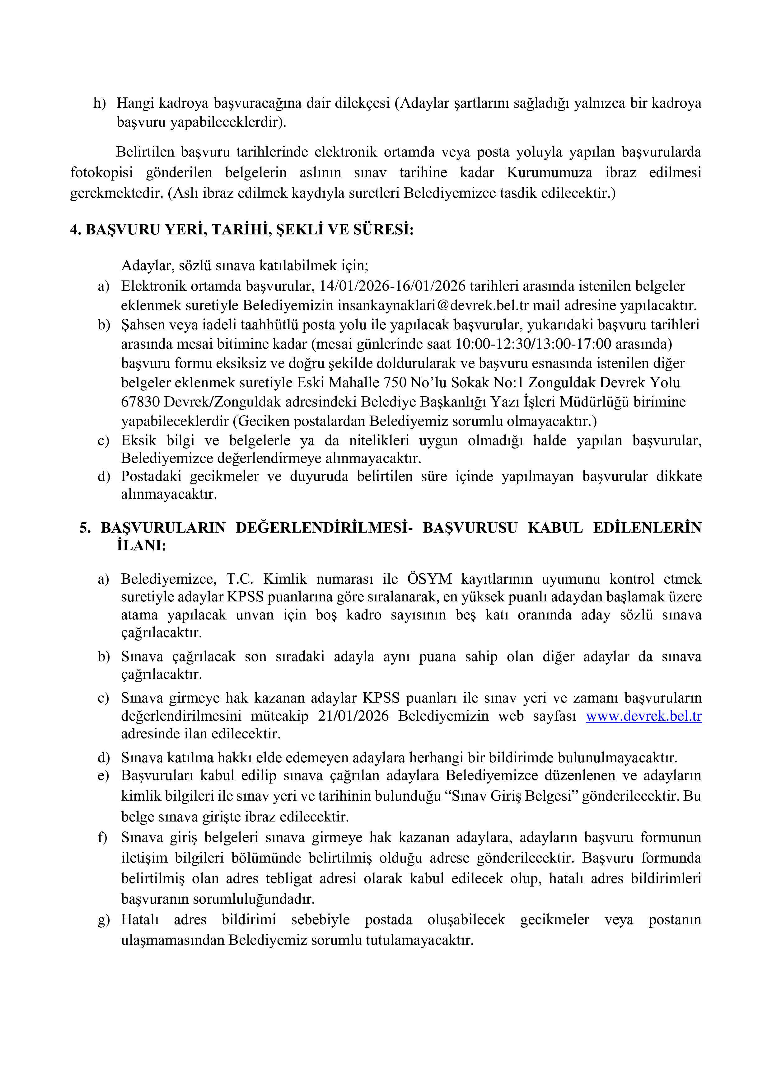 DEVREK BELEDİYE BAŞKANLIĞI 7 MEMUR ALACAK ( 14 Ocak - 16 Ocak) İlan İçeriği Sayfa 4