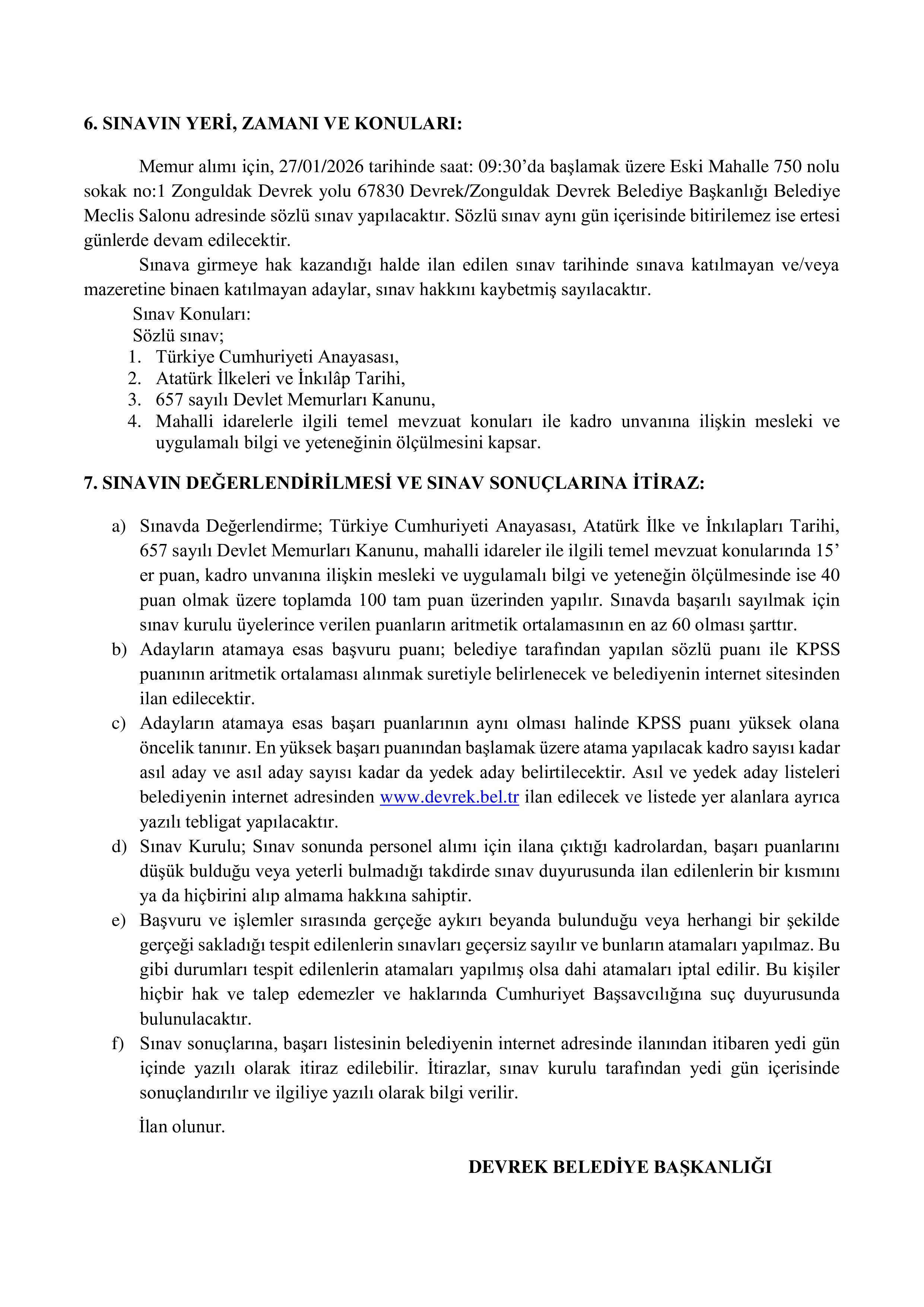 DEVREK BELEDİYE BAŞKANLIĞI 7 MEMUR ALACAK ( 14 Ocak - 16 Ocak) İlan İçeriği Sayfa 5