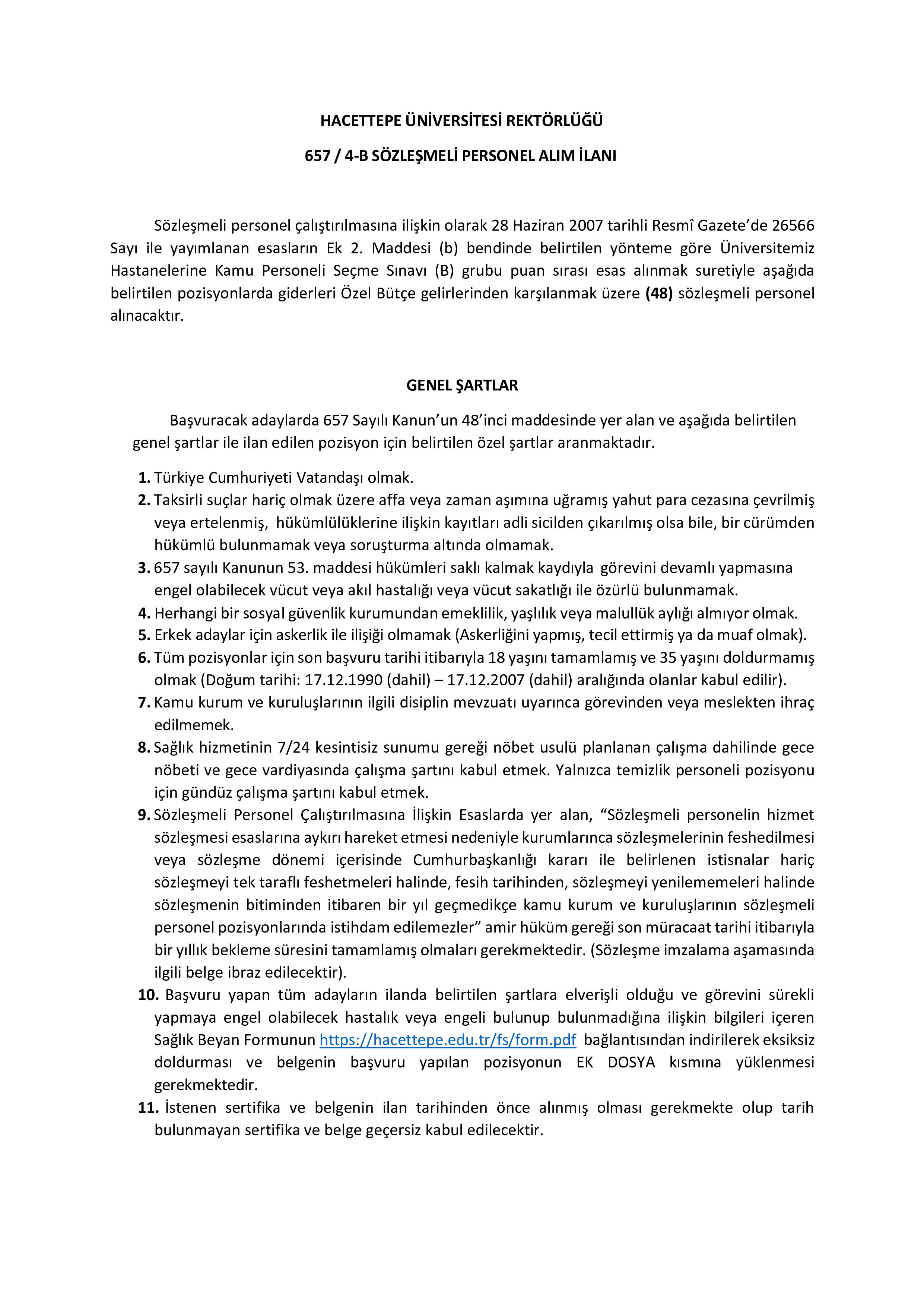 HACETTEPE ÜNİVERSİTESİ 48 SÖZLEŞMELİ PERSONEL ALACAK ( 3 Aralık - 17 Aralık) İlan İçeriği Sayfa 1
