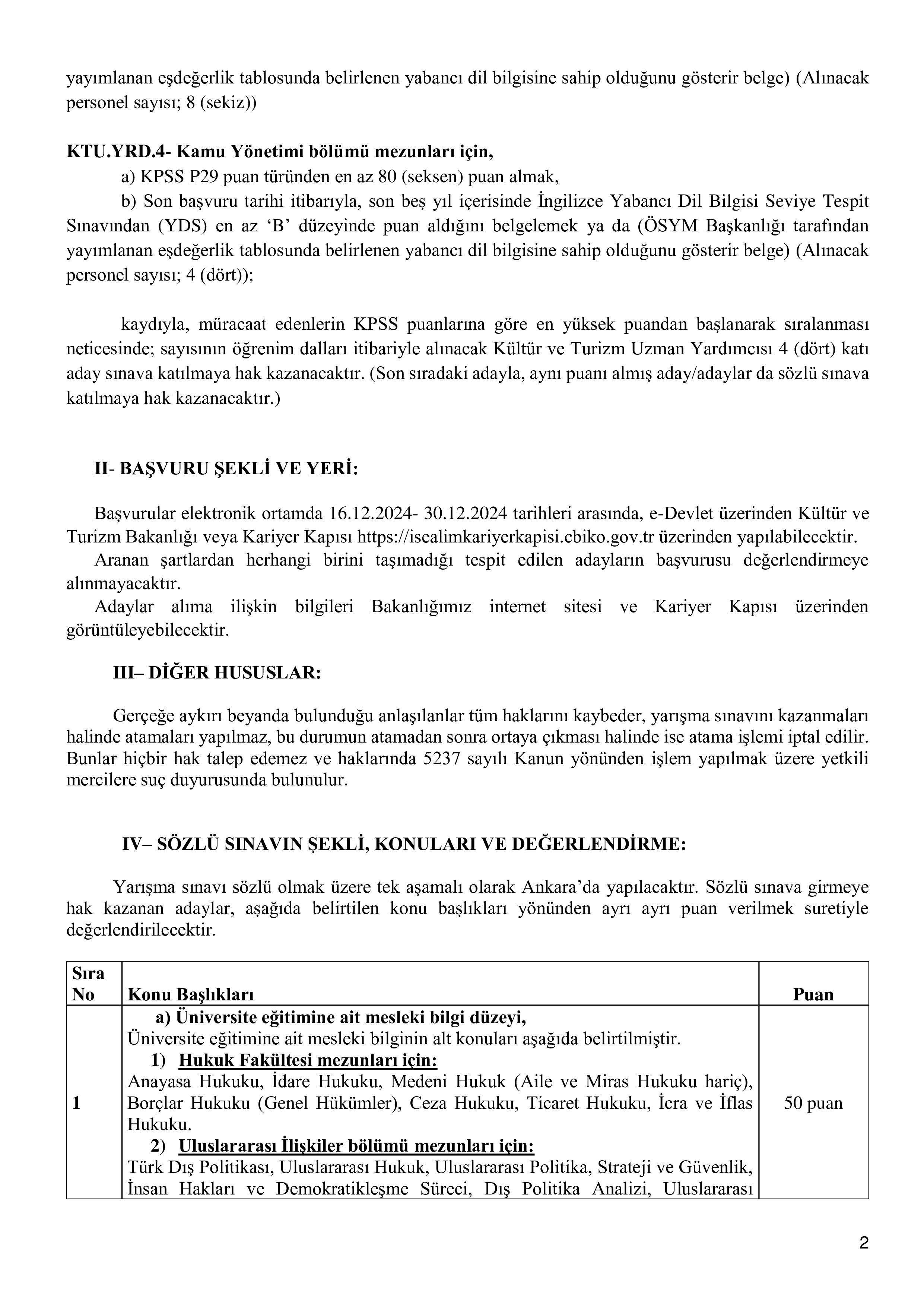 KÜLTÜR VE TURİZM BAKANLIĞI 29 UZMAN YARDIMCISI ALACAK ( 16 Aralık - 30 Aralık) İlan İçeriği Sayfa 2
