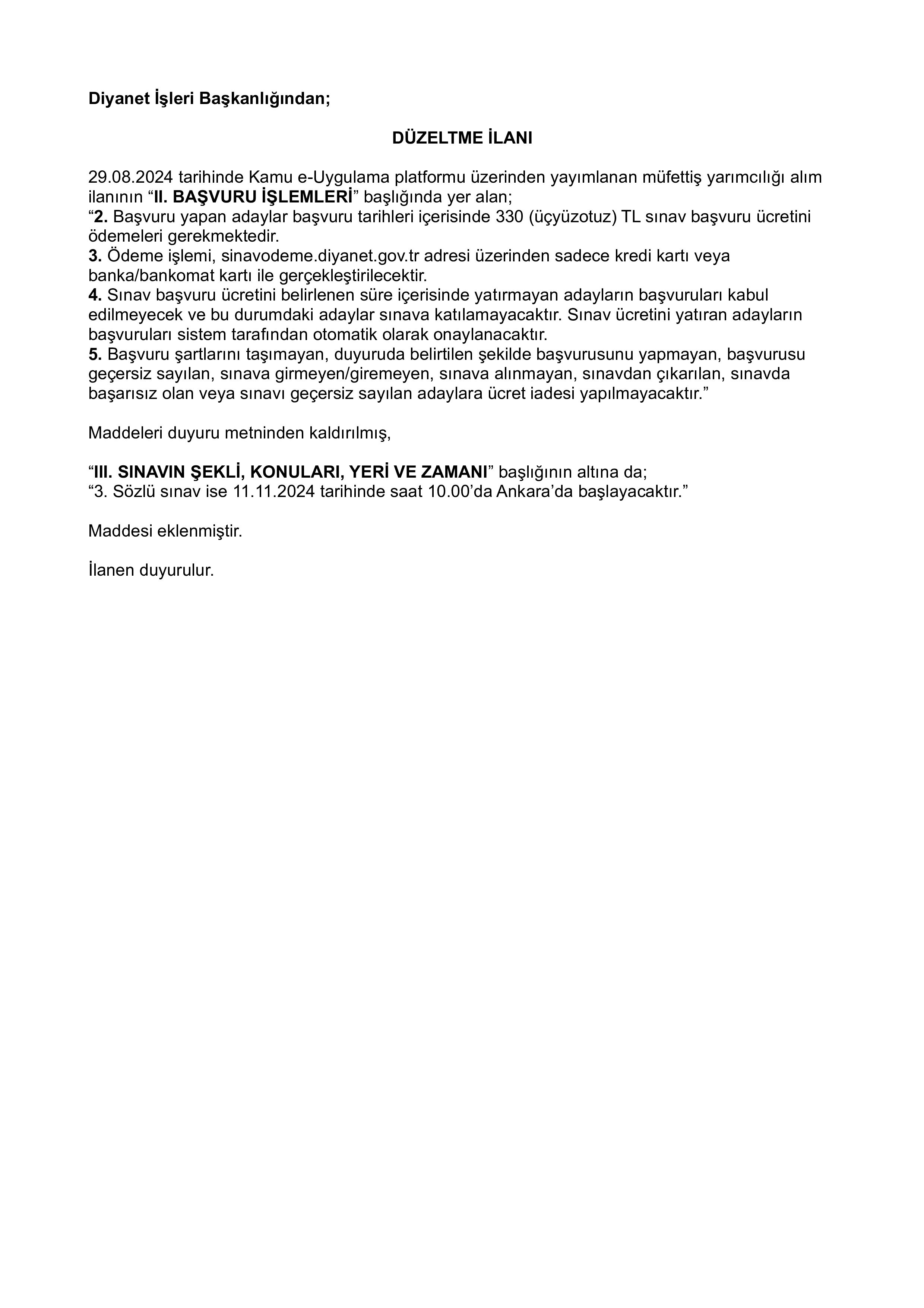 DİYANET İŞLERİ BAŞKANLIĞI DÜZELTME İLANI ( 23 Eylül - 4 Ekim) İlan İçeriği Sayfa 1