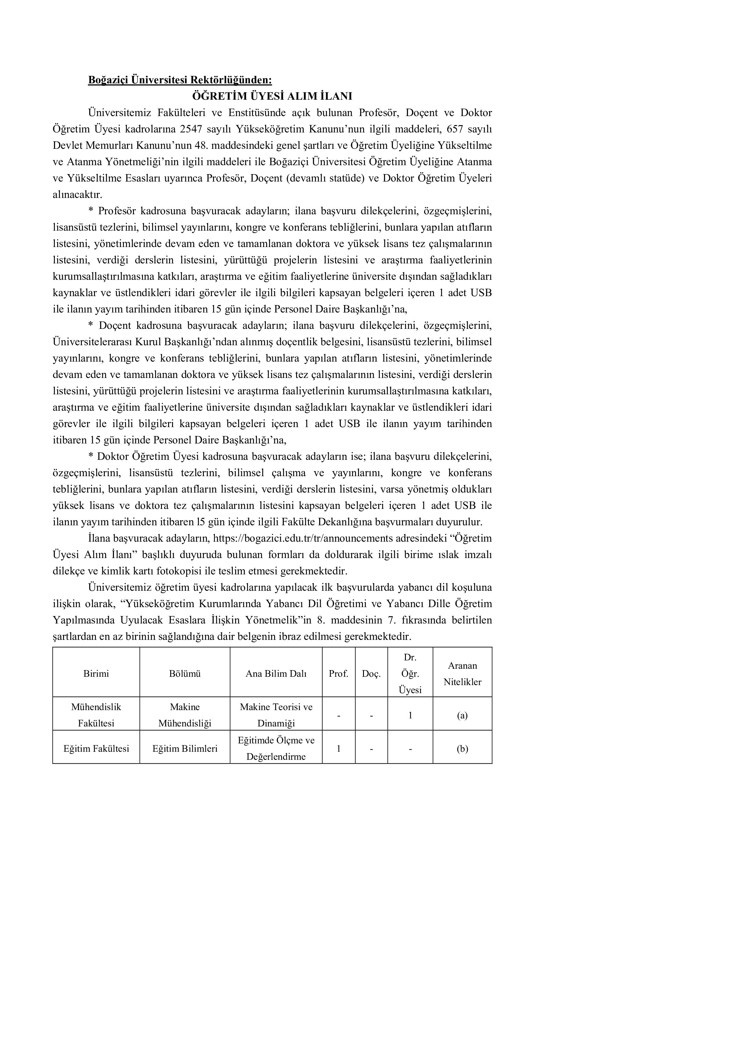 BOĞAZİÇİ ÜNİVERSİTESİ 6 ÖĞRETİM ÜYESİ ALACAK ( 3 Haziran - 17 Haziran) İlan İçeriği Sayfa 1