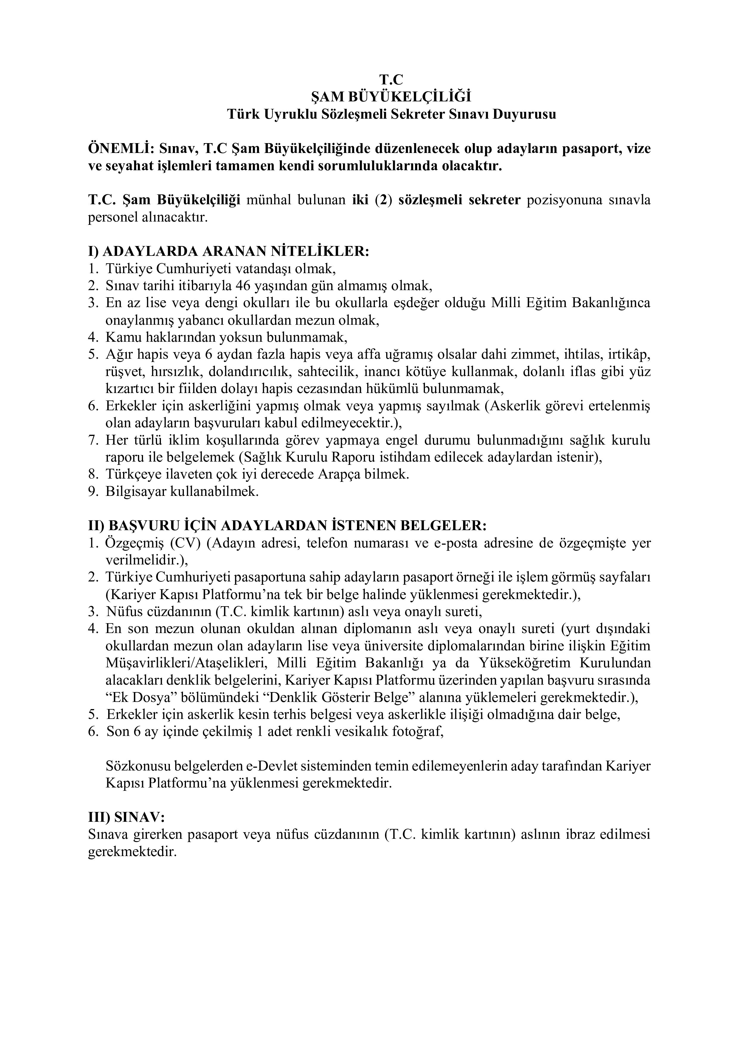 DIŞİŞLERİ BAKANLIĞI 2 SÖZLEŞMELİ SEKRETER ALACAK ( 3 Kasım - 30 Kasım) İlan İçeriği Sayfa 1