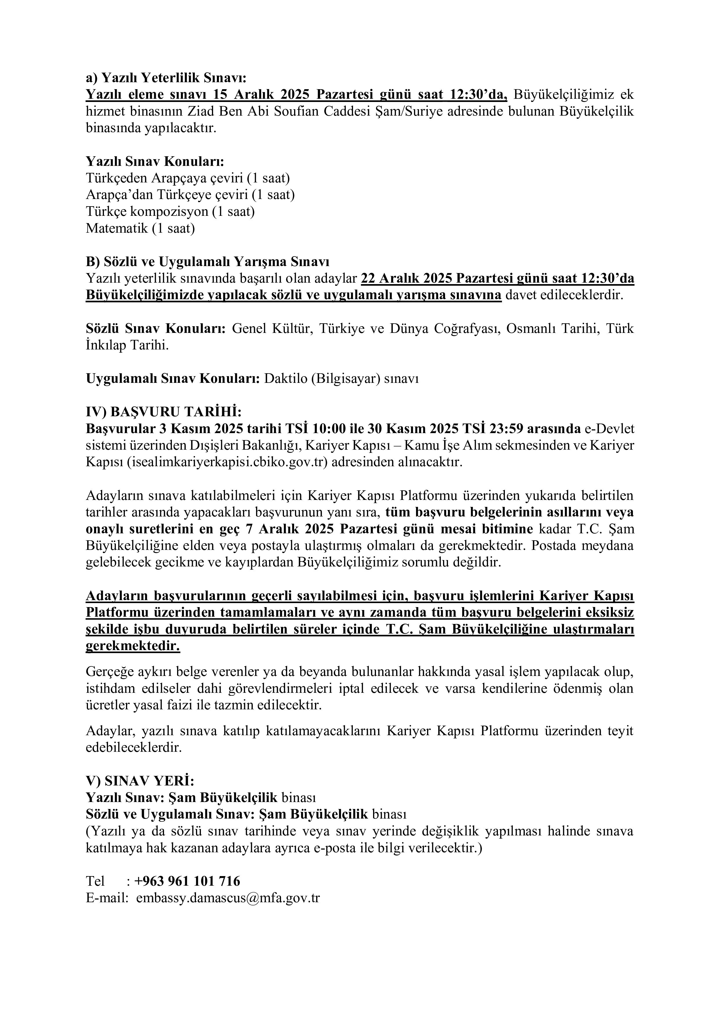 DIŞİŞLERİ BAKANLIĞI 2 SÖZLEŞMELİ SEKRETER ALACAK ( 3 Kasım - 30 Kasım) İlan İçeriği Sayfa 2