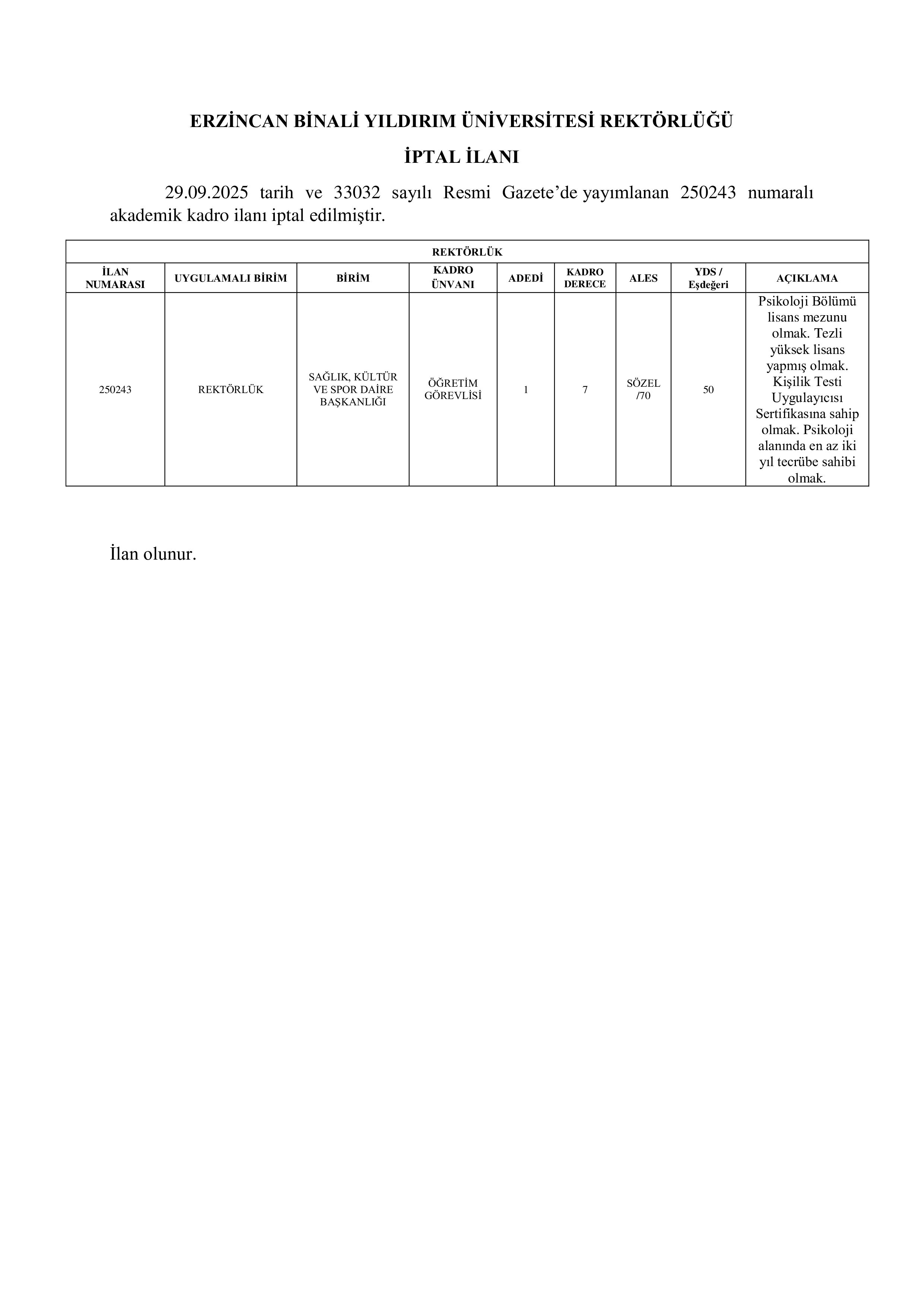 ERZİNCAN BİNALİ YILDIRIM ÜNİVERSİTESİ 1 ÖĞRETİM GÖREVLİSİ İPTAL İLANI ( 3 Kasım - 13 Kasım) İlan İçeriği Sayfa 1