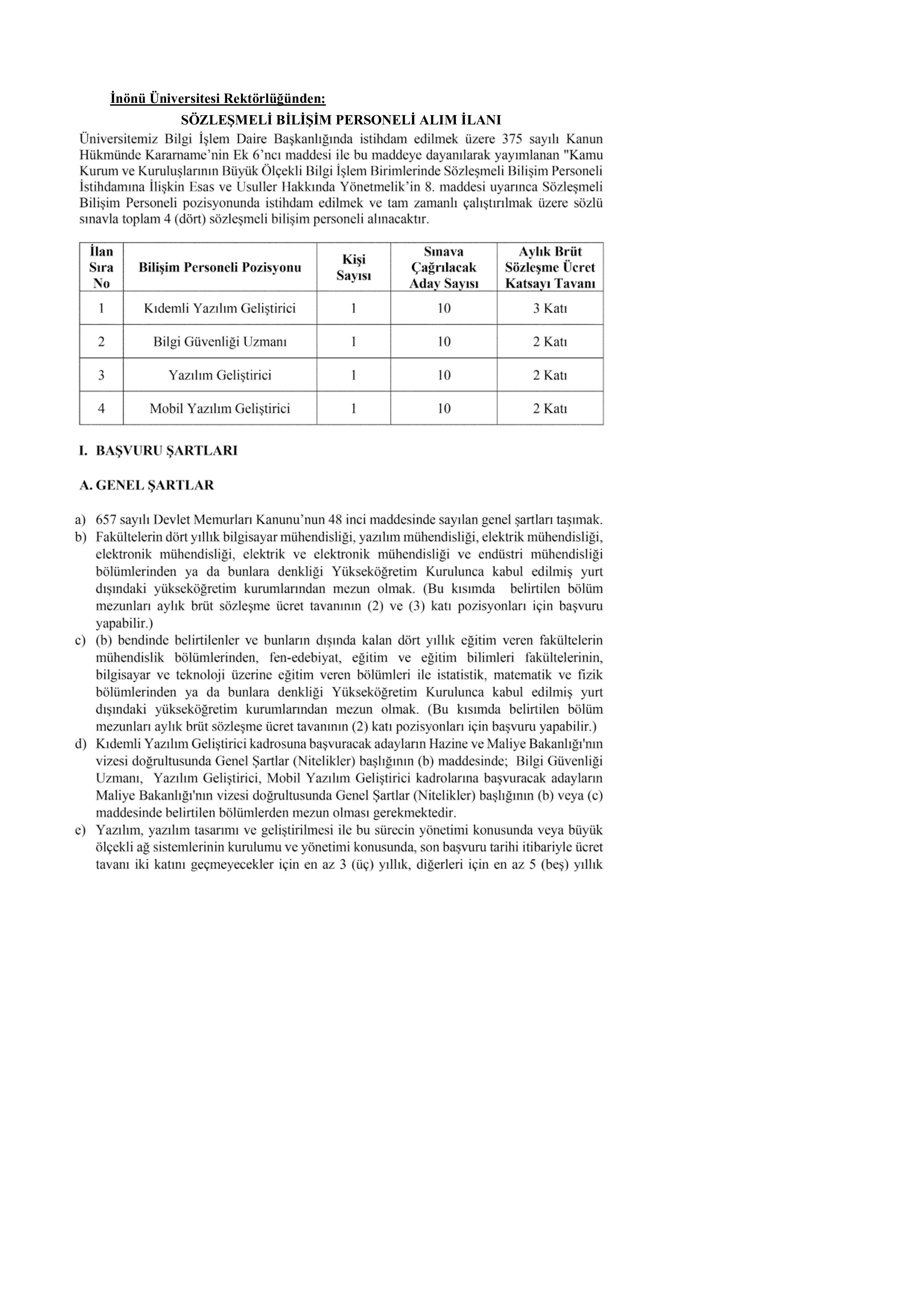 İNÖNÜ ÜNİVERSİTESİ 4  ALACAK ( 3 Kasım - 17 Kasım) İlan İçeriği Sayfa 1