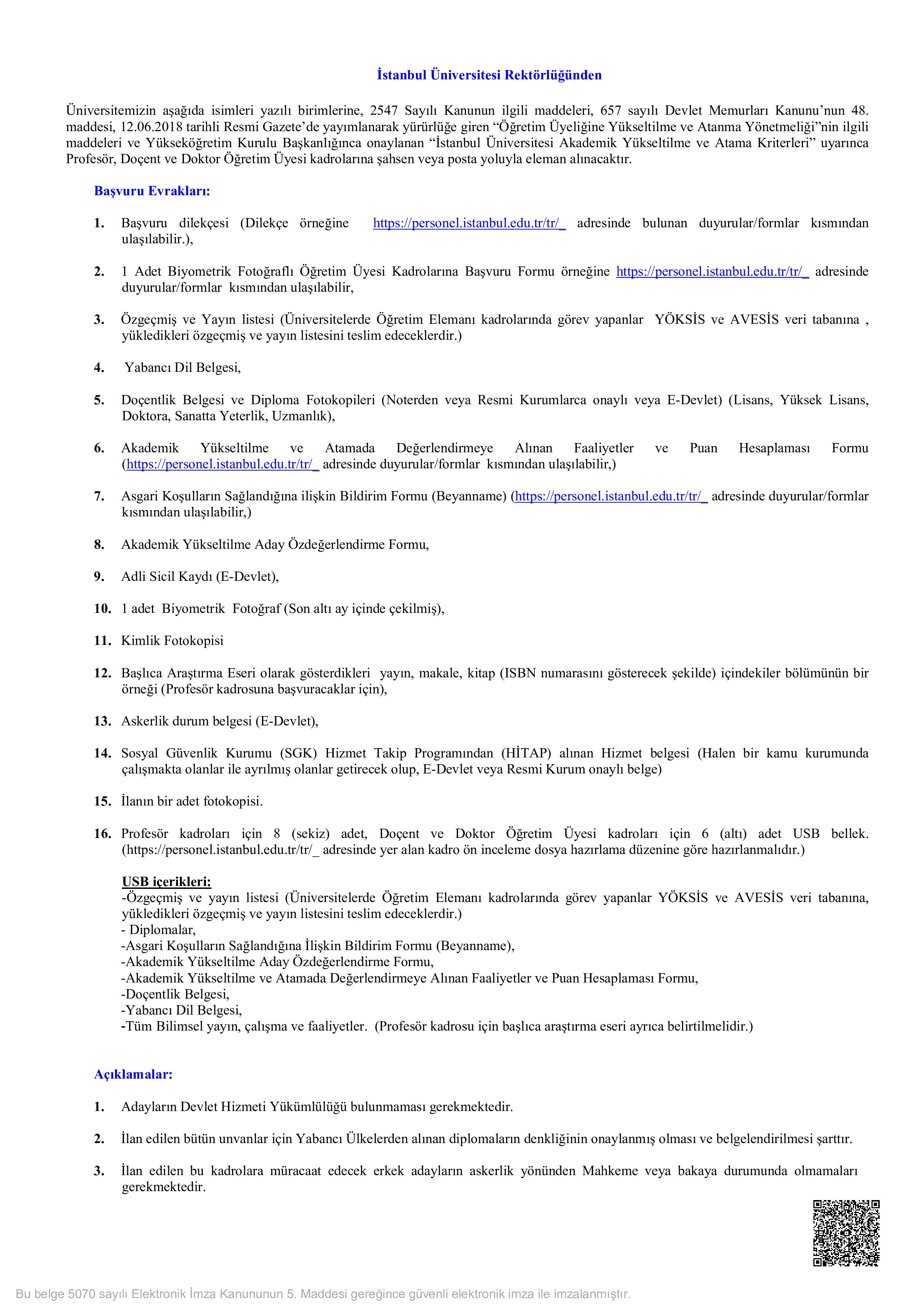 İSTANBUL ÜNİVERSİTESİ 46 ÖĞRETİM ÜYESİ ALACAK ( 3 Kasım - 17 Kasım) İlan İçeriği Sayfa 1