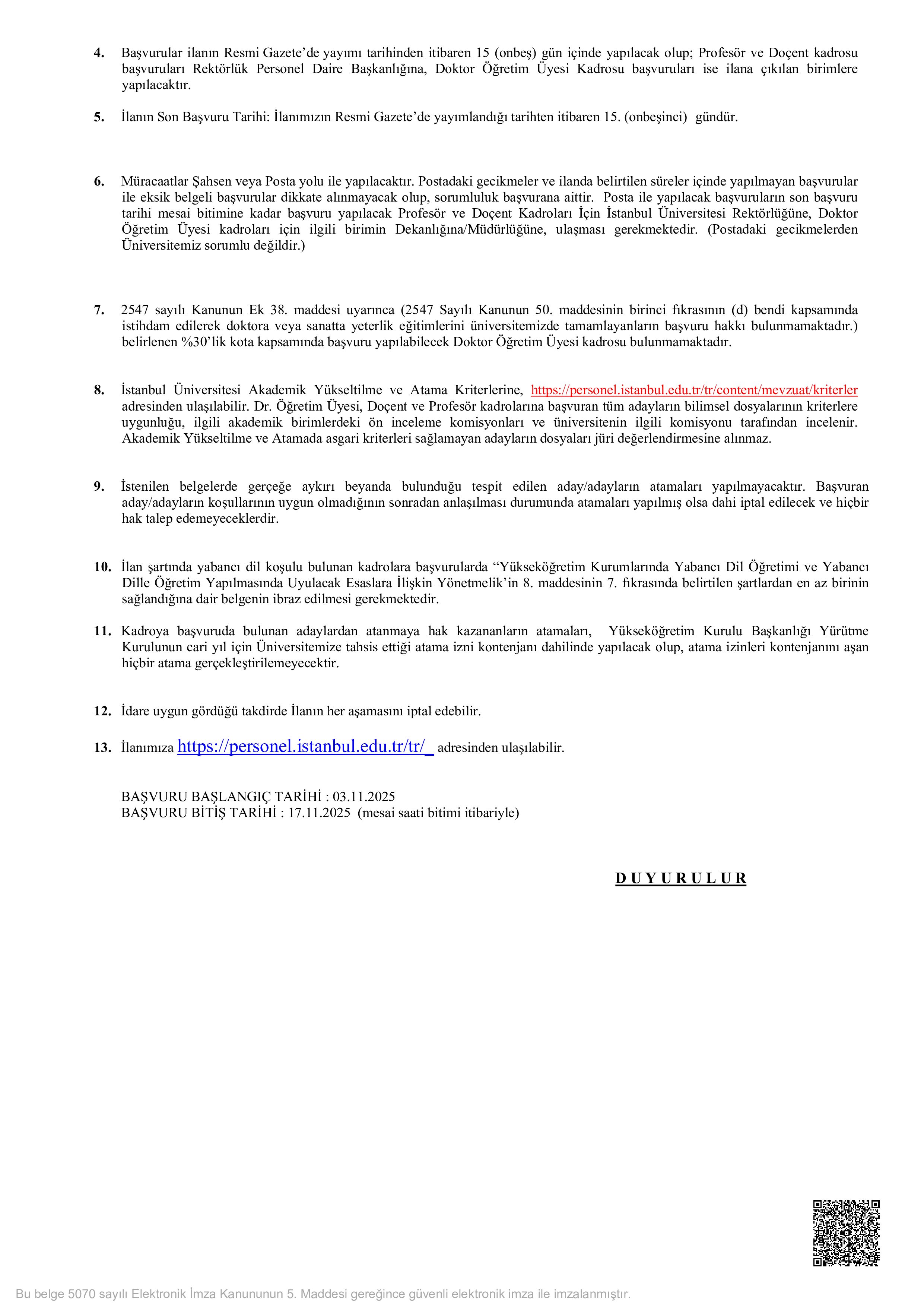 İSTANBUL ÜNİVERSİTESİ 46 ÖĞRETİM ÜYESİ ALACAK ( 3 Kasım - 17 Kasım) İlan İçeriği Sayfa 2