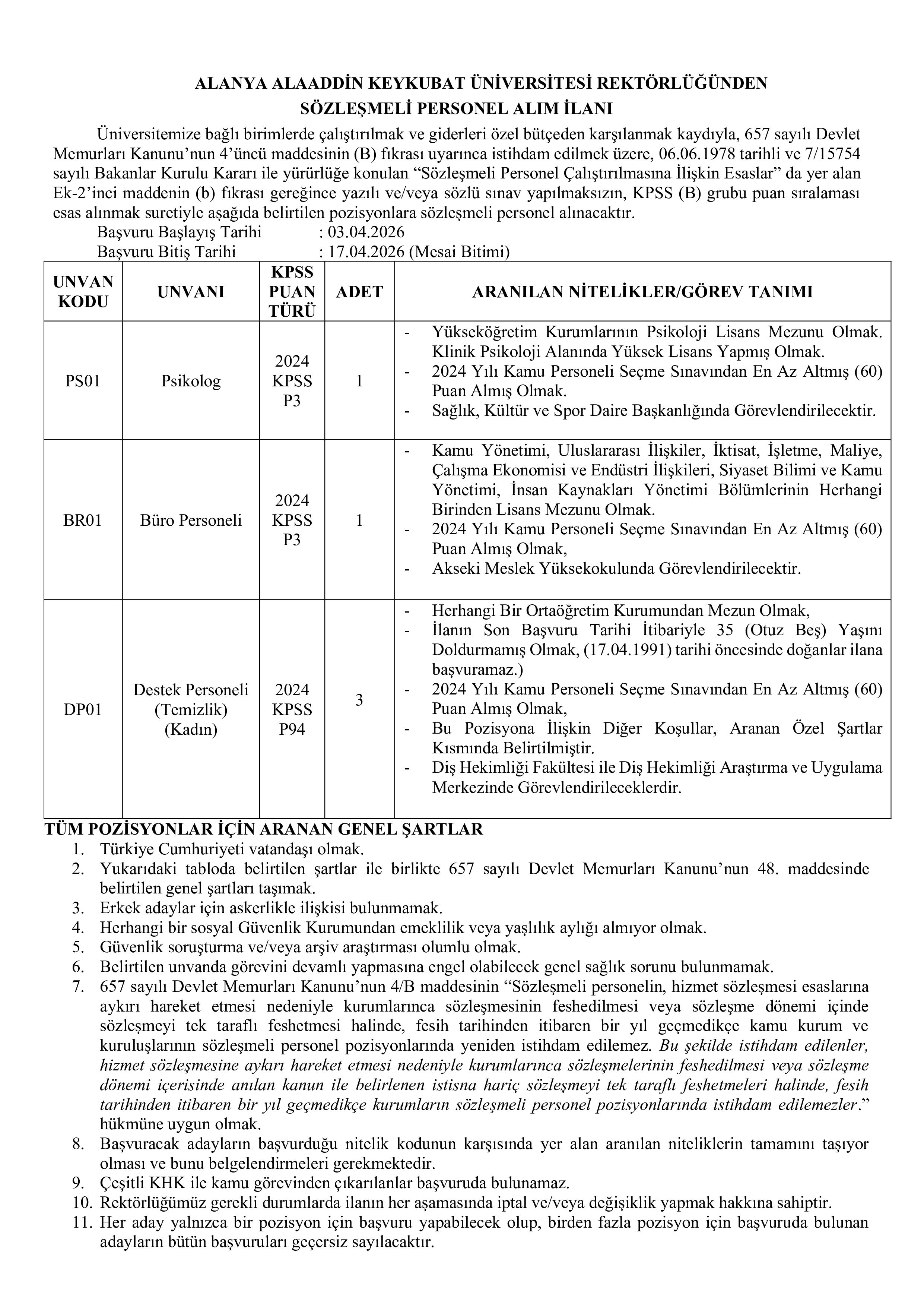 İlan İçeriği Sayfa 1 ALANYA ALAADDİN KEYKUBAT ÜNİVERSİTESİ 5 SÖZLEŞMELİ PERSONEL ALACAK ( 3 Nisan - 17 Nisan) İlan İçeriği Sayfa 1
