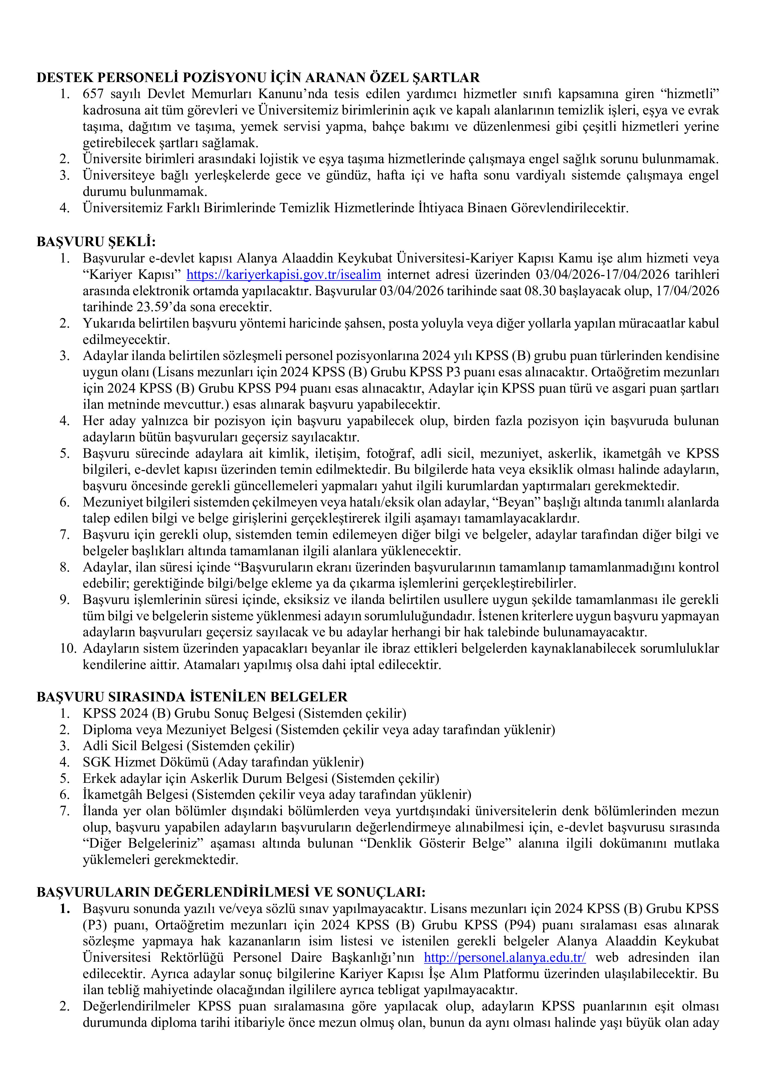 İlan İçeriği Sayfa 2 ALANYA ALAADDİN KEYKUBAT ÜNİVERSİTESİ 5 SÖZLEŞMELİ PERSONEL ALACAK ( 3 Nisan - 17 Nisan) İlan İçeriği Sayfa 2