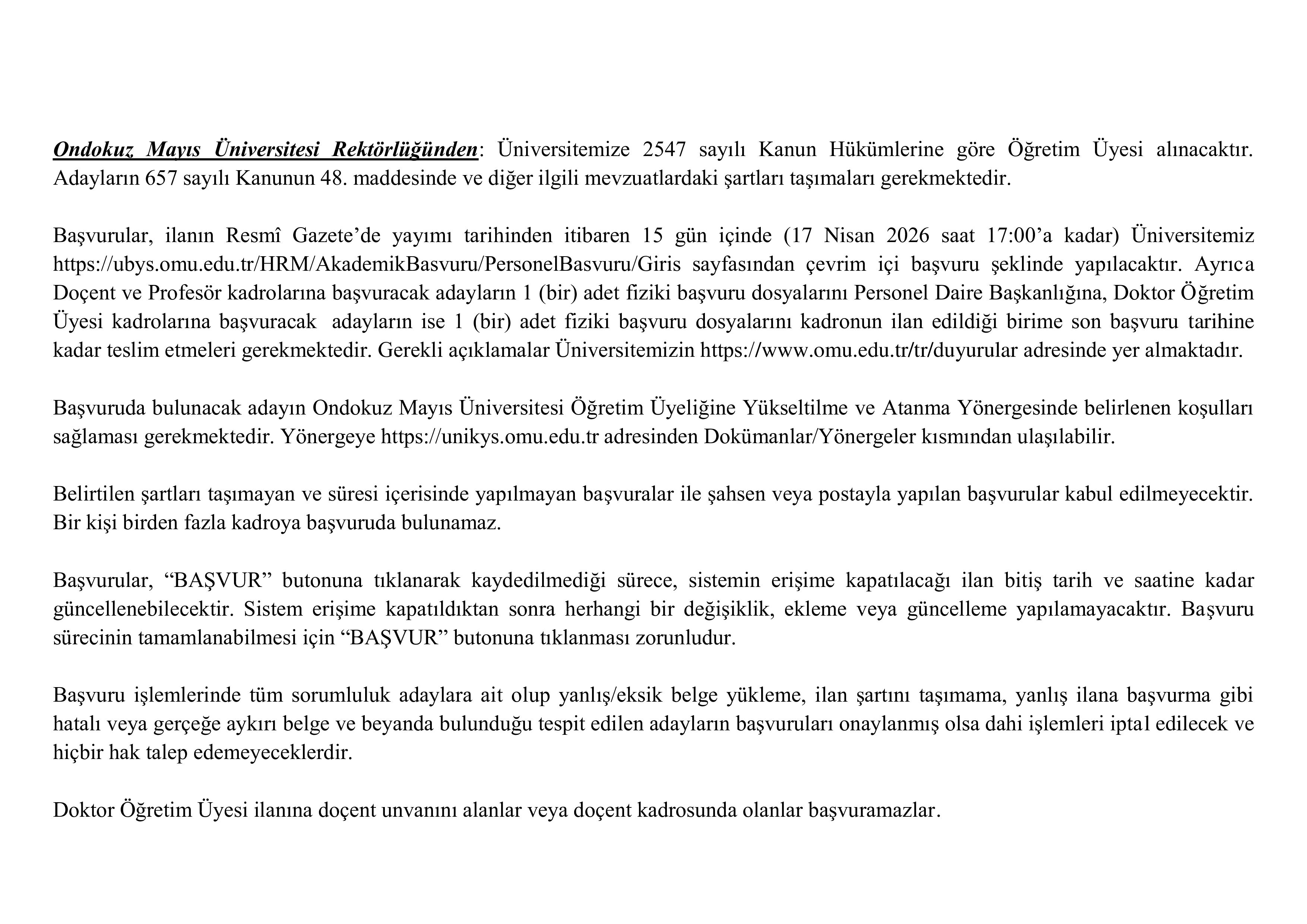 ONDOKUZ MAYIS ÜNİVERSİTESİ 10 ÖĞRETİM ÜYESİ ALACAK ( 3 Nisan - 17 Nisan) İlan İçeriği Sayfa 1