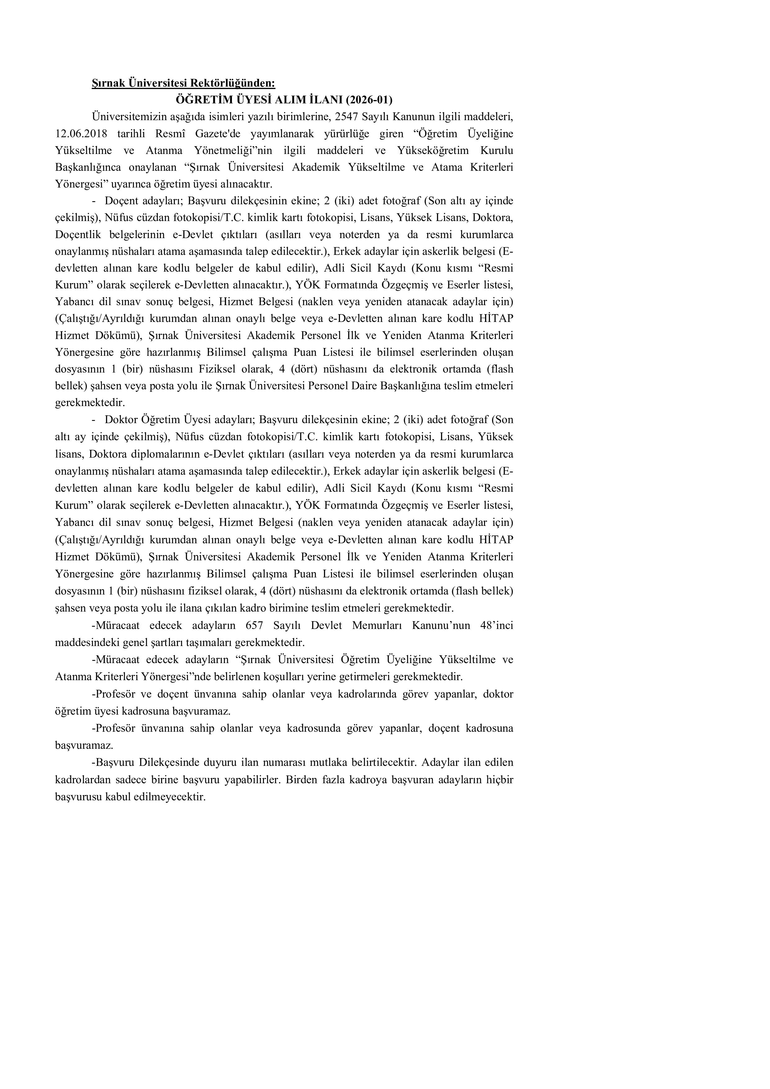 ŞIRNAK ÜNİVERSİTESİ 9 ÖĞRETİM ÜYESİ ALACAK ( 3 Nisan - 17 Nisan) İlan İçeriği Sayfa 1