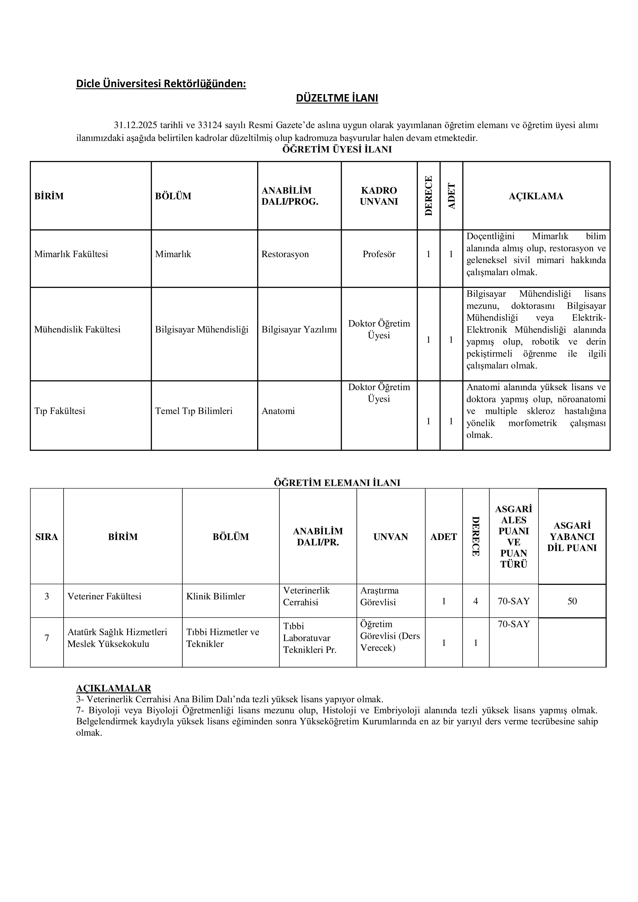 DİCLE ÜNİVERSİTESİ DÜZELTME İLANI ( 3 Ocak - 14 Ocak) İlan İçeriği Sayfa 1
