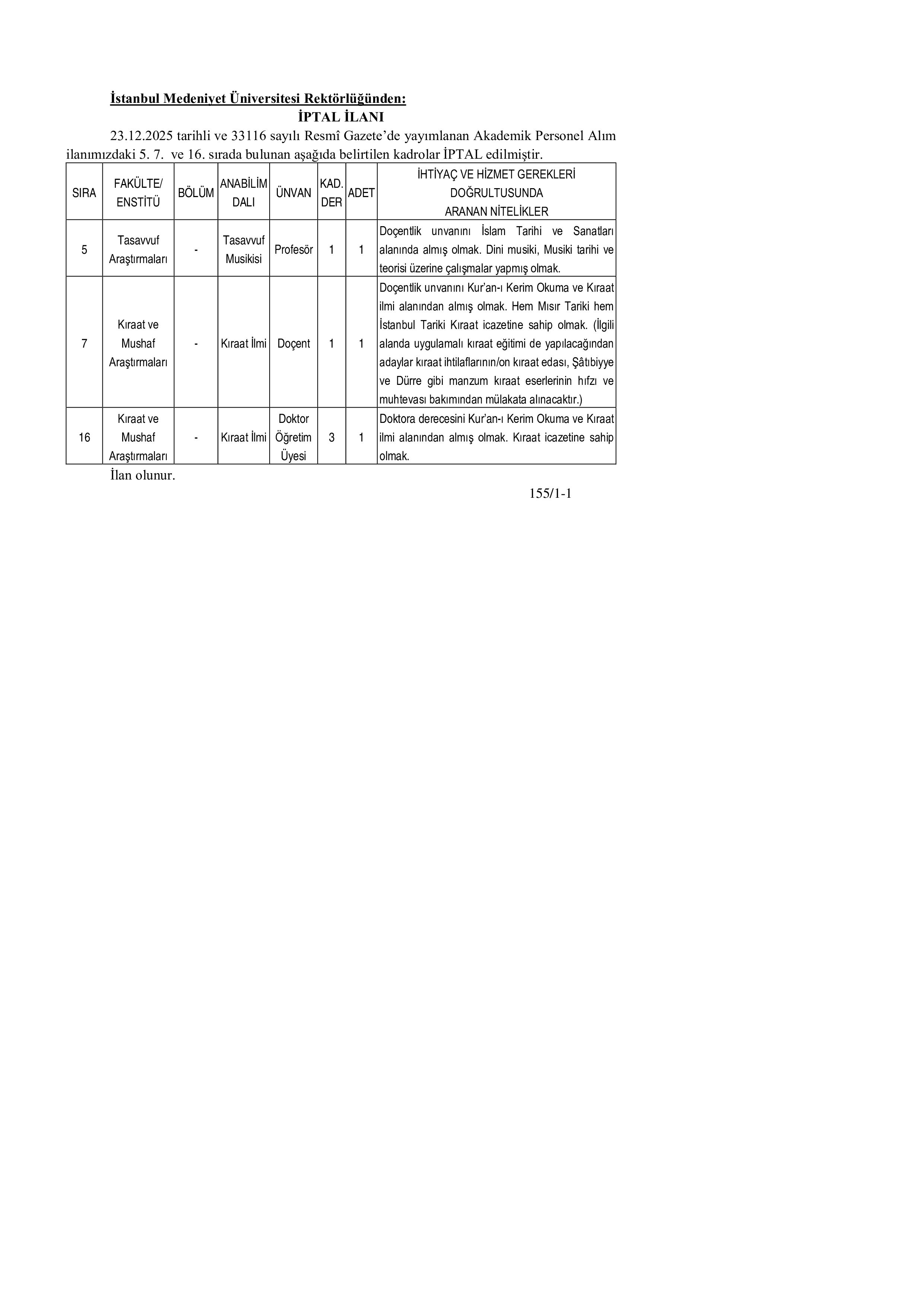 İSTANBUL MEDENİYET ÜNİVERSİTESİ İPTAL İLANI ( 3 Ocak - 5 Ocak) İlan İçeriği Sayfa 1
