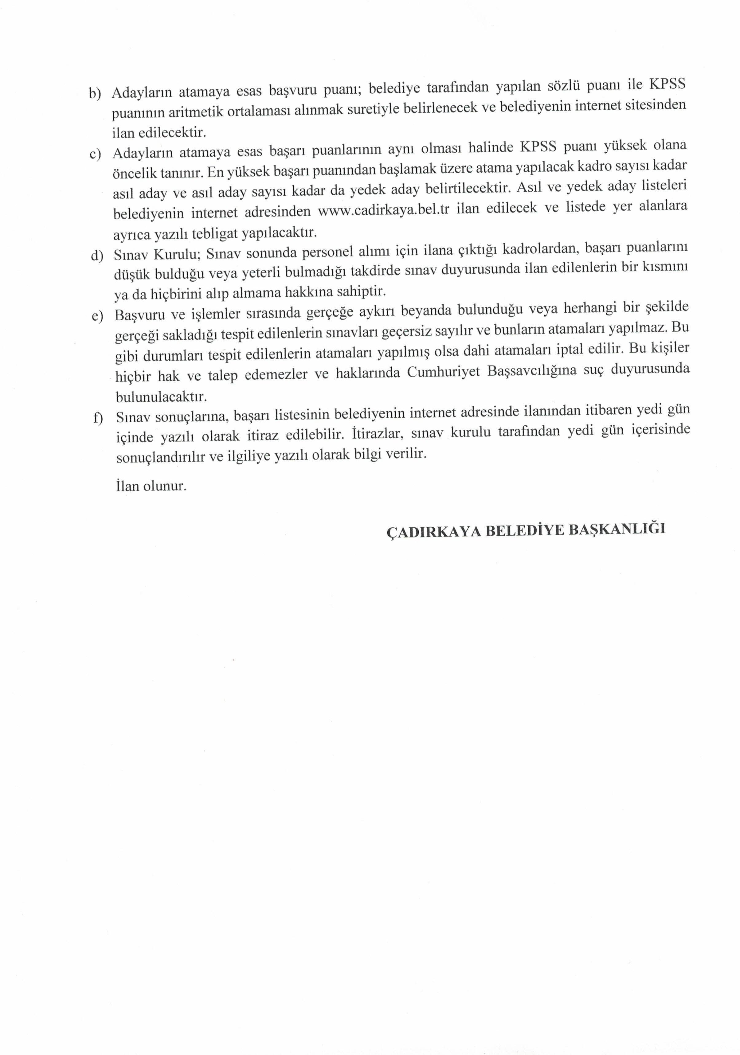 ÇADIRKAYA BELEDİYE BAŞKANLIĞI 1 MEMUR ALACAK ( 23 Mart - 25 Mart) İlan İçeriği Sayfa 4