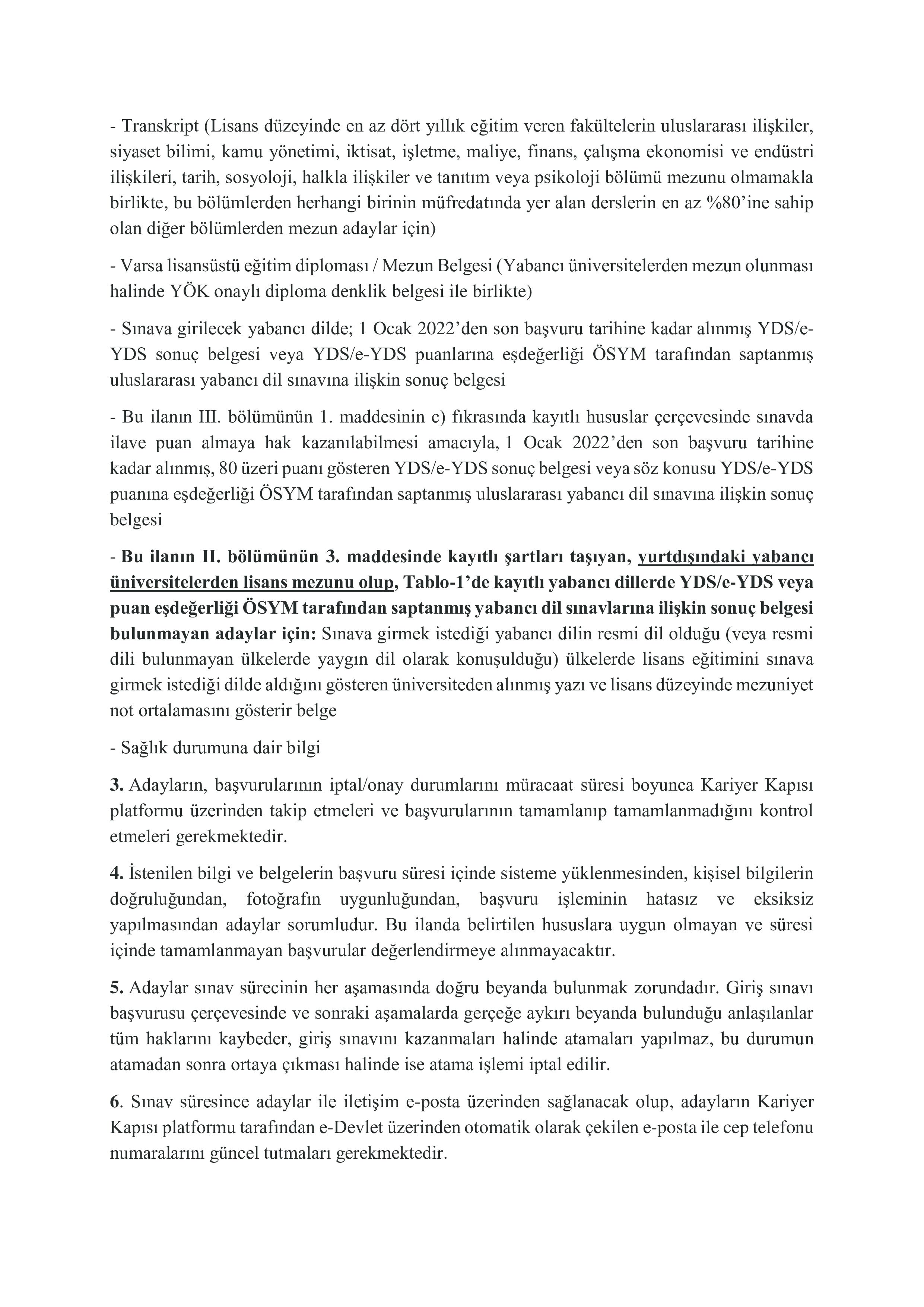 DIŞİŞLERİ BAKANLIĞI 180 ADAY MESLEK MEMURU ALACAK ( 7 Temmuz - 31 Temmuz) İlan İçeriği Sayfa 6