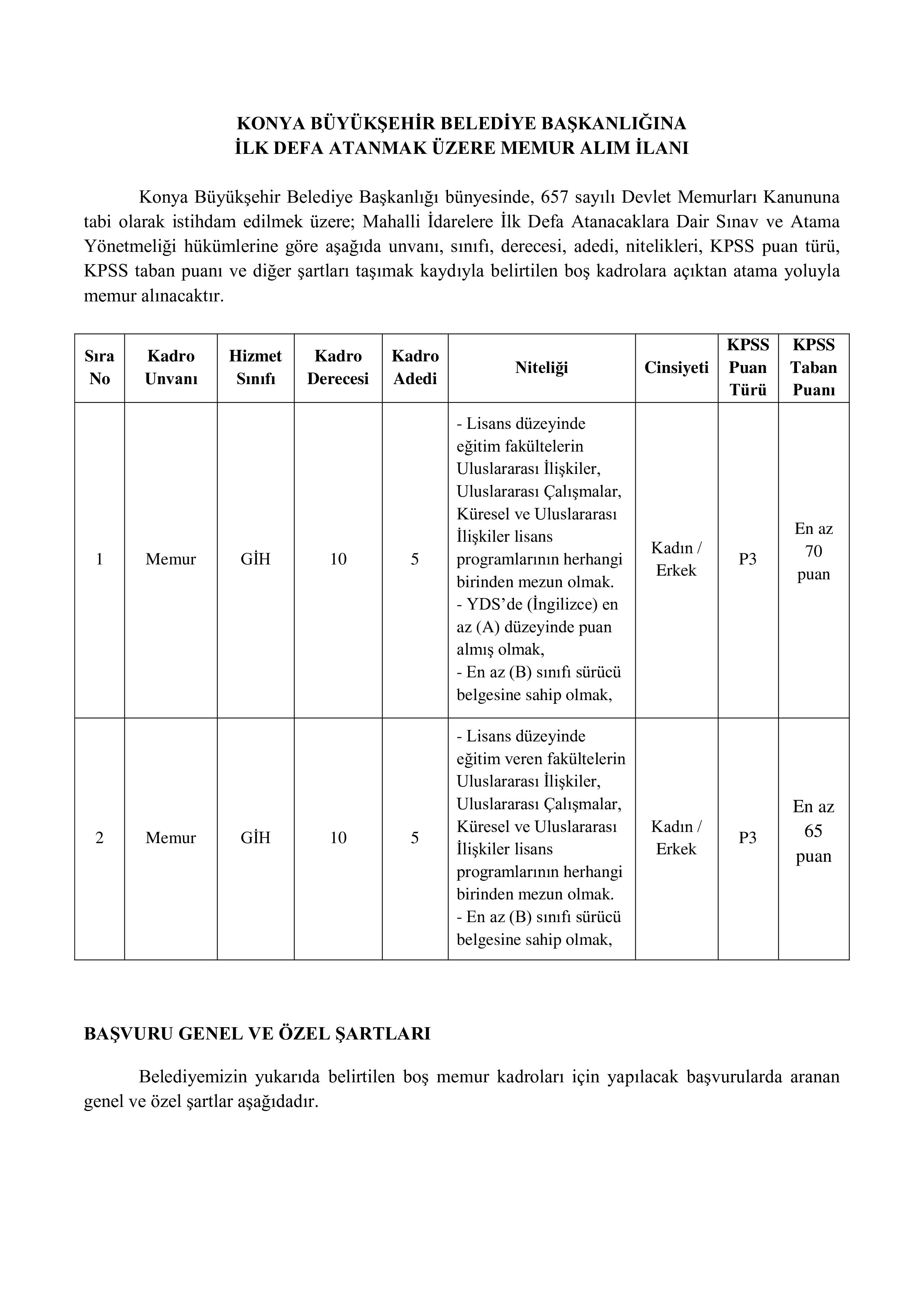 KONYA BÜYÜKŞEHİR BELEDİYE BAŞKANLIĞI 10 MEMUR ALACAK ( 12 Ağustos - 14 Ağustos) İlan İçeriği Sayfa 1