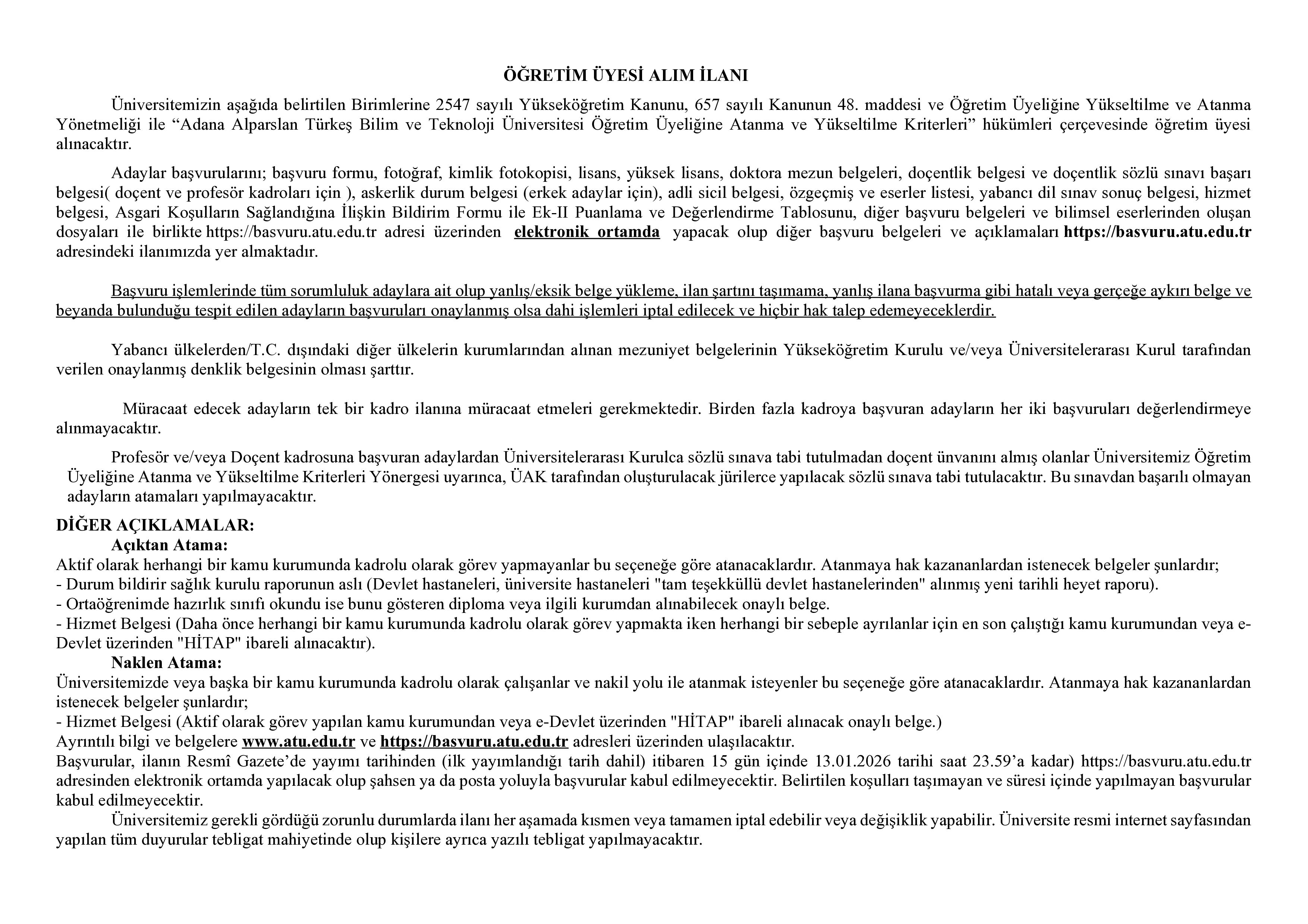 ADANA ALPARSLAN TÜRKEŞ BİLİM VE TEKNOLOJİ ÜNİVERSİTESİ 43  ÖĞRETİM ELEMANI ALACAK ( 30 Aralık - 13 Ocak) İlan İçeriği Sayfa 1