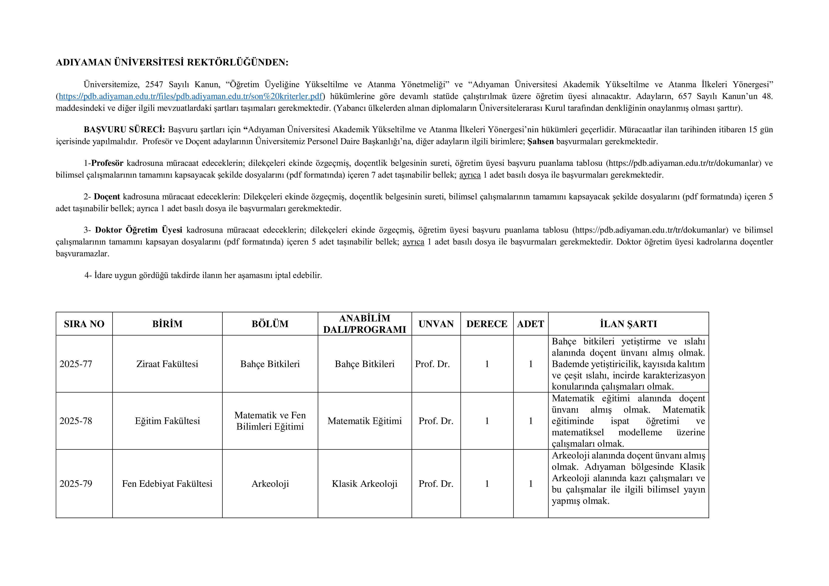 ADIYAMAN ÜNİVERSİTESİ 2 ÖĞRETİM ELEMANI ALACAK ( 30 Aralık - 13 Ocak) İlan İçeriği Sayfa 1
