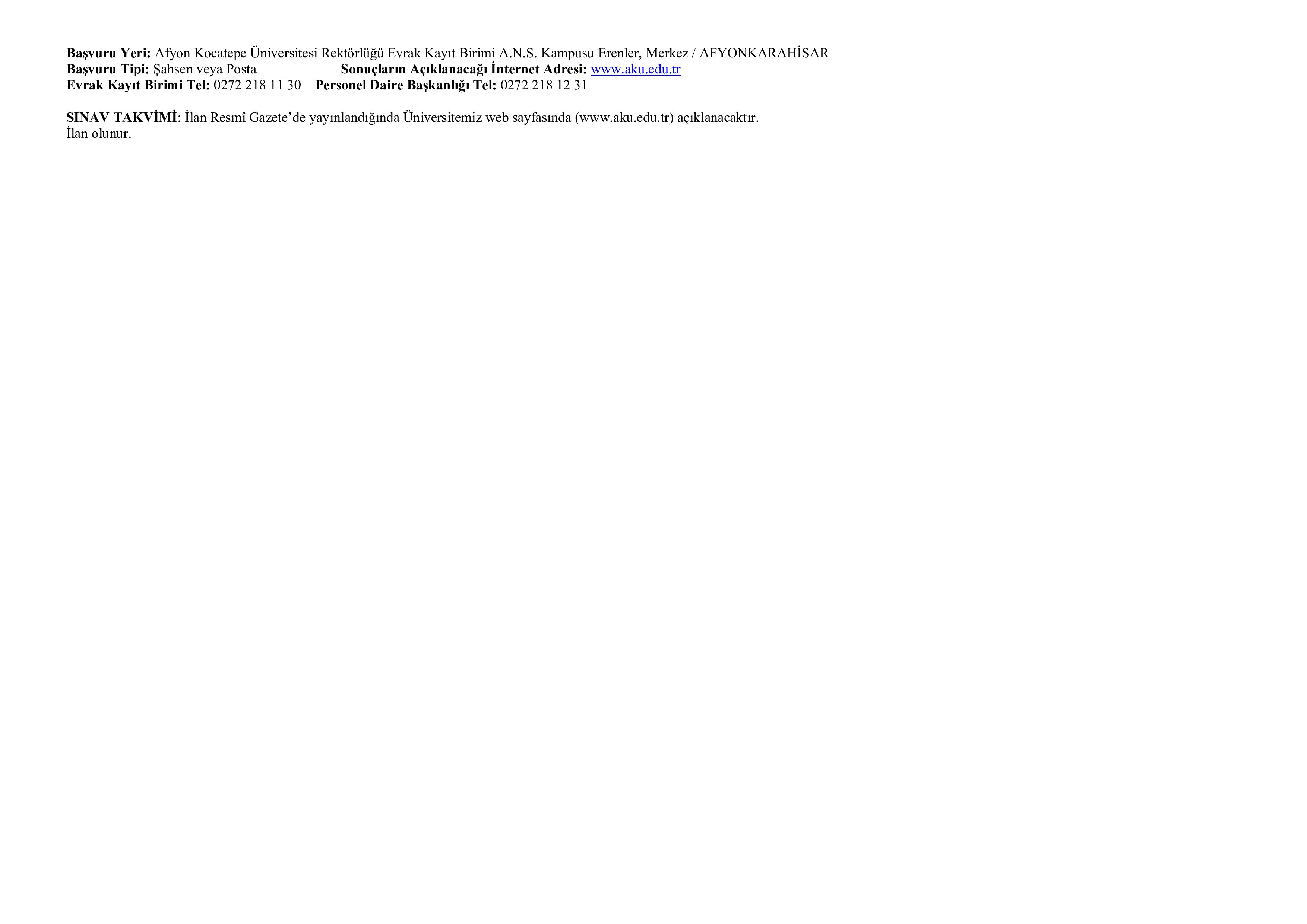 AFYON KOCATEPE ÜNİVERSİTESİ 32 ÖĞRETİM ÜYESİ ALACAK ( 30 Aralık - 16 Ocak) İlan İçeriği Sayfa 3
