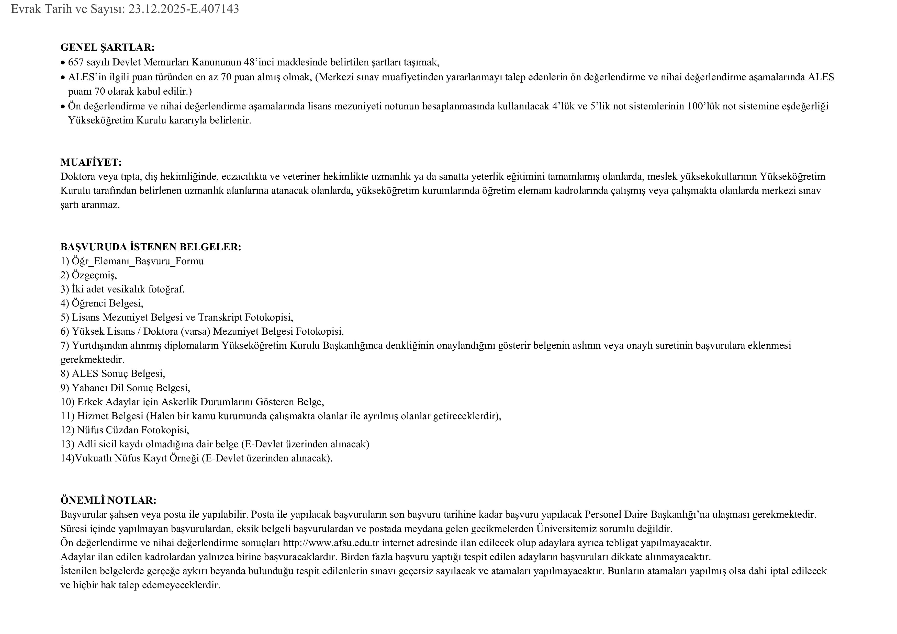 AFYONKARAHİSAR SAĞLIK BİLİMLERİ ÜNİVERSİTESİ 16 ÖĞRETİM ÜYESİ ALACAK ( 30 Aralık - 13 Ocak) İlan İçeriği Sayfa 2