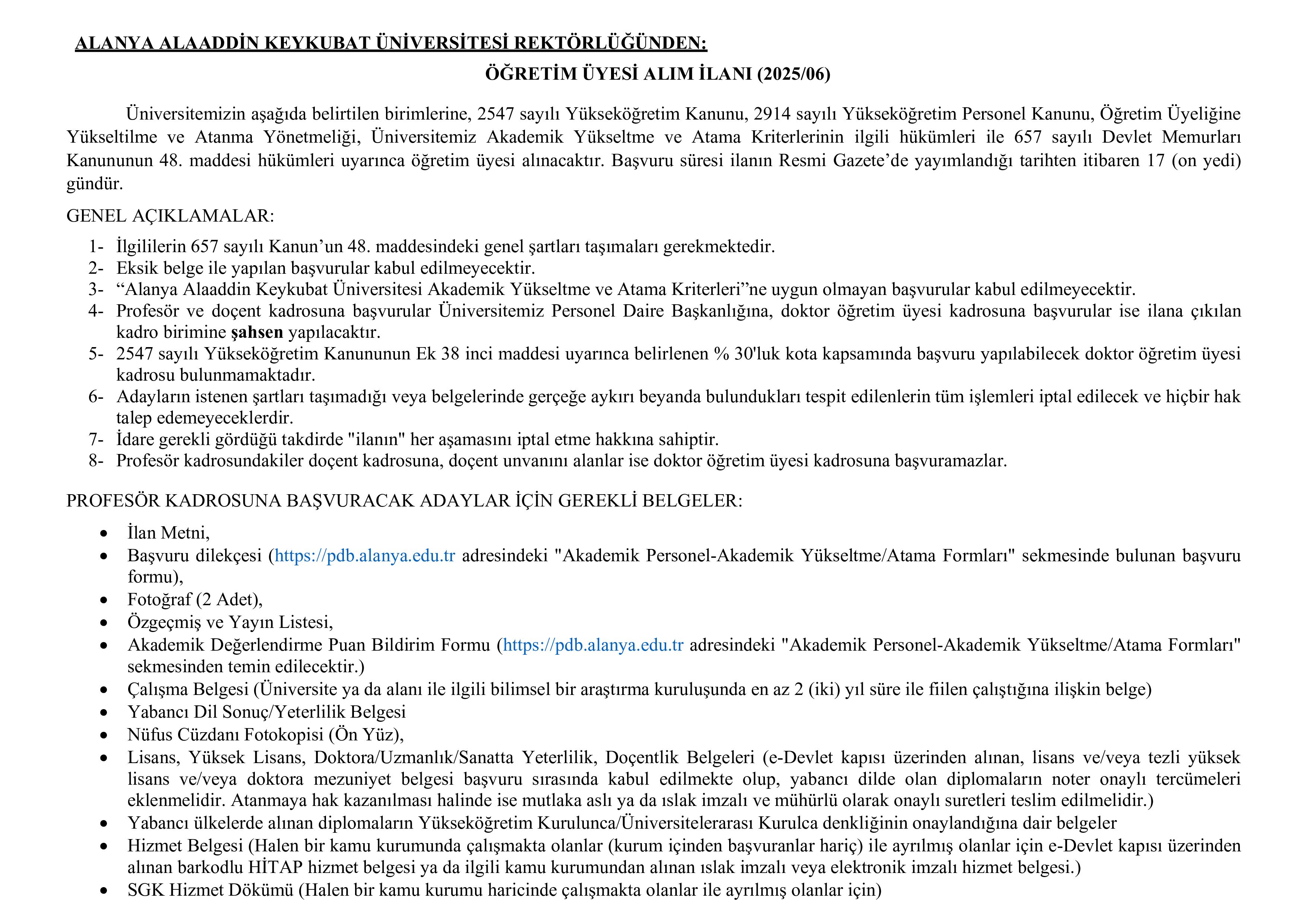 ALANYA ALAADDİN KEYKUBAT ÜNİVERSİTESİ 1 ÖĞRETİM ELEMANI ALACAK ( 30 Aralık - 13 Ocak) İlan İçeriği Sayfa 1