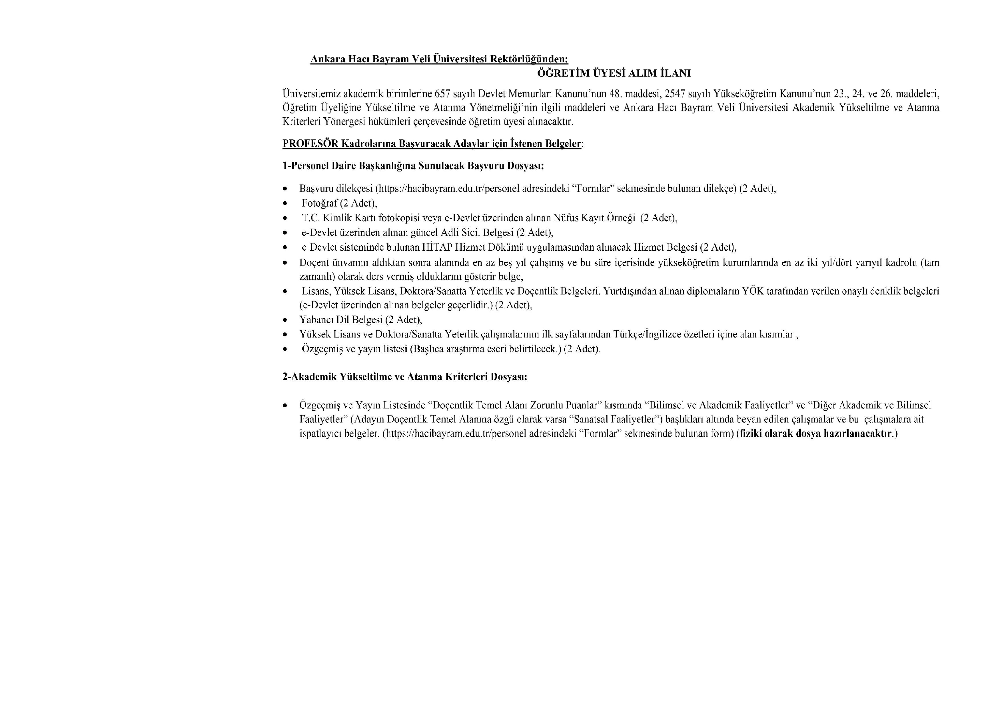 ANKARA HACI BAYRAM VELİ ÜNİVERSİTESİ 13 ÖĞRETİM ÜYESİ ALACAK ( 30 Aralık - 13 Ocak) İlan İçeriği Sayfa 1