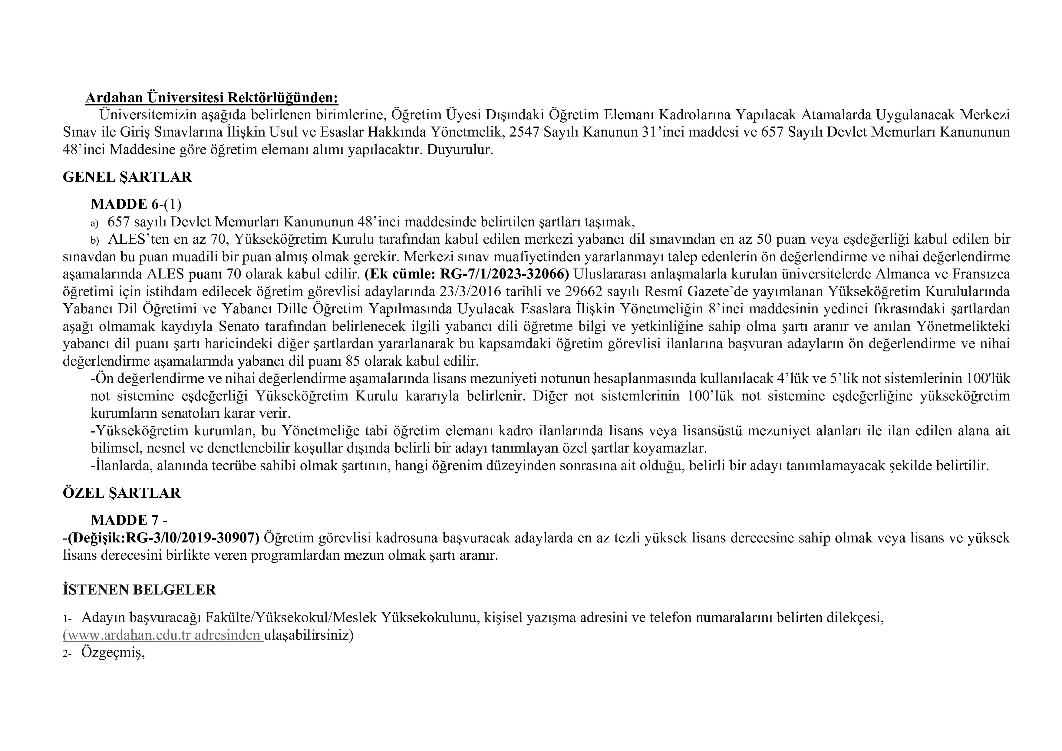ARDAHAN ÜNİVERSİTESİ 4 ÖĞRETİM ELEMANI ALACAK ( 30 Aralık - 13 Ocak) İlan İçeriği Sayfa 1