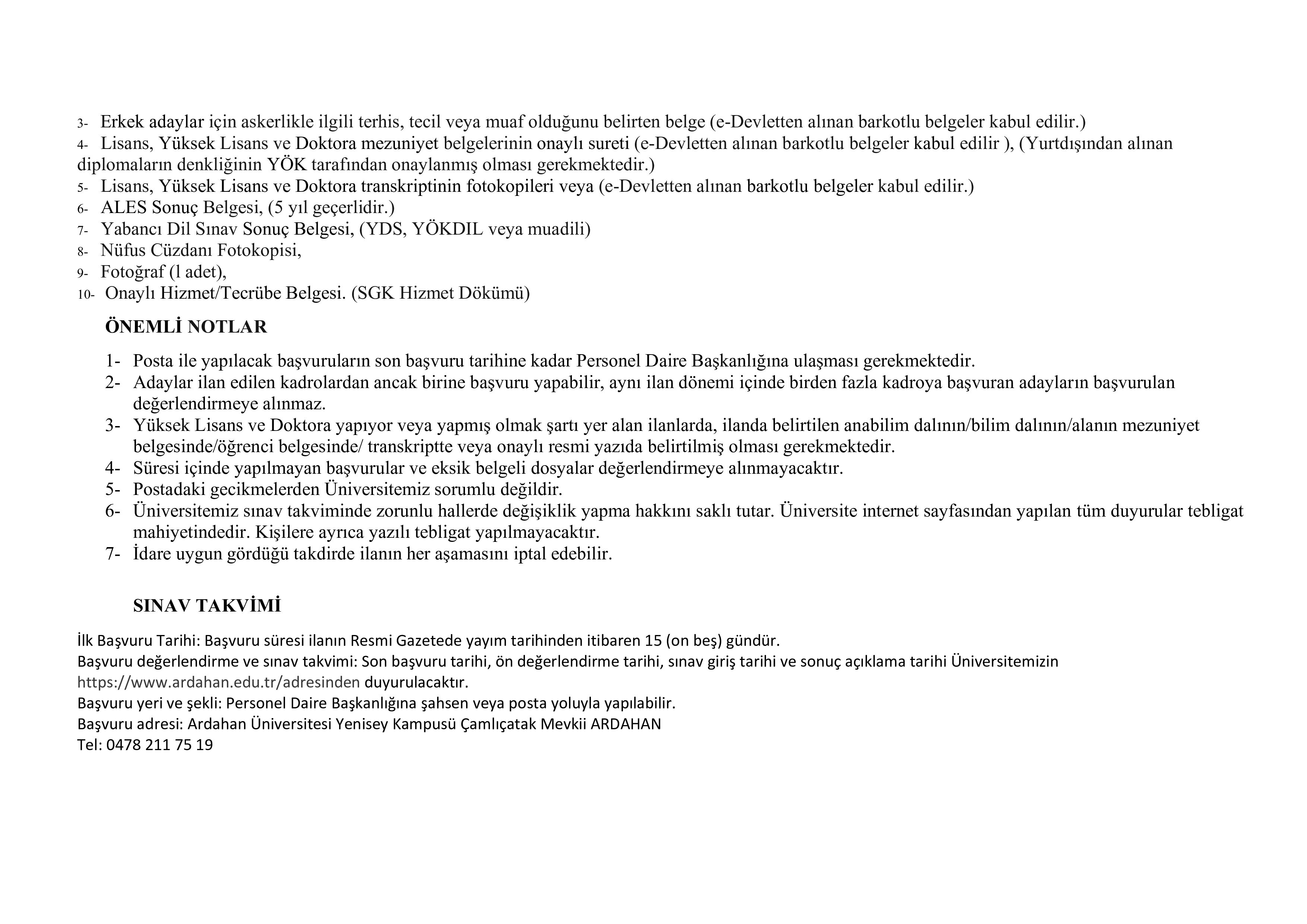 ARDAHAN ÜNİVERSİTESİ 4 ÖĞRETİM ELEMANI ALACAK ( 30 Aralık - 13 Ocak) İlan İçeriği Sayfa 2