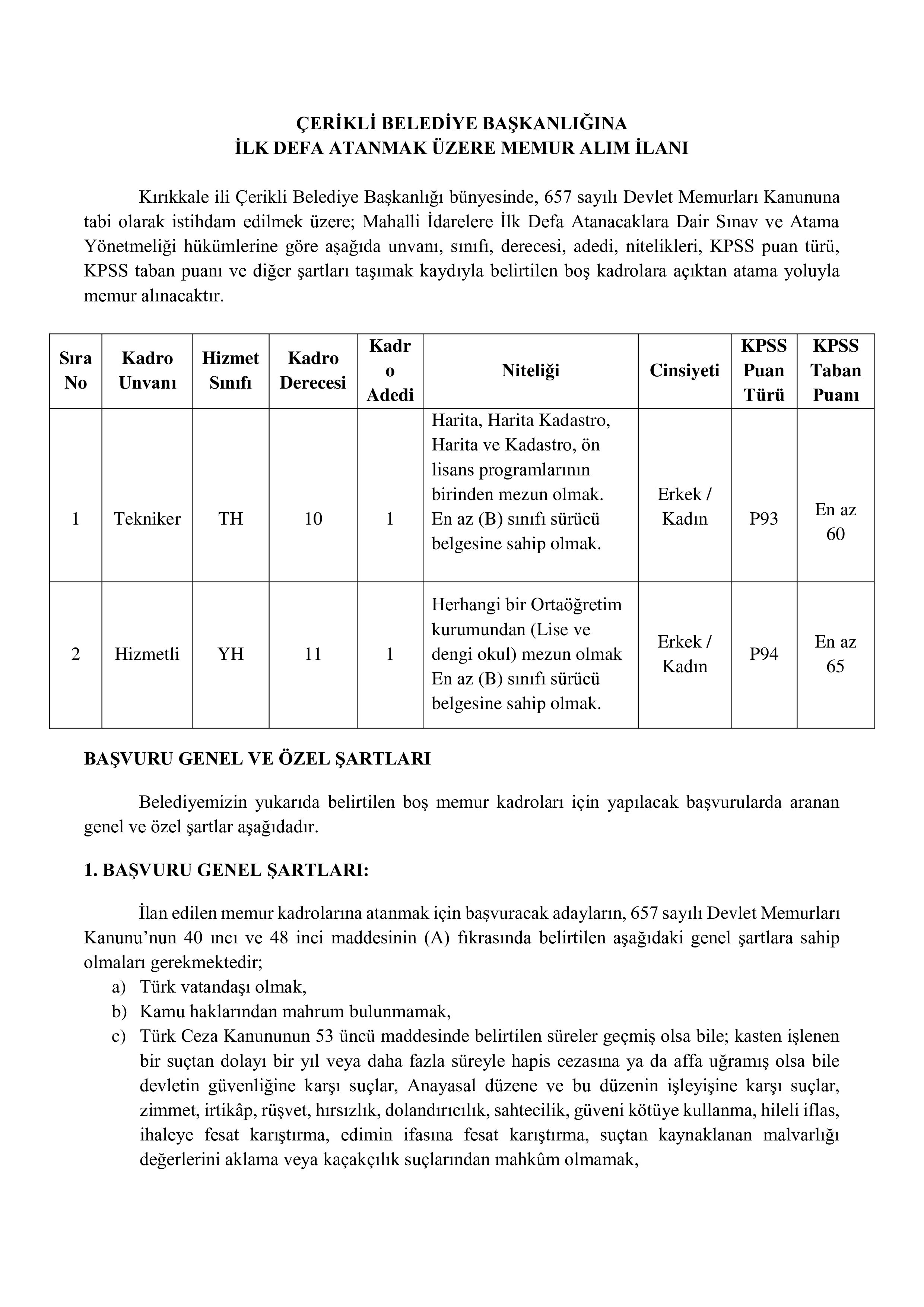 ÇERİKLİ BELEDİYE BAŞKANLIĞI 2 MEMUR ALACAK ( 18 Şubat - 20 Şubat) İlan İçeriği Sayfa 1